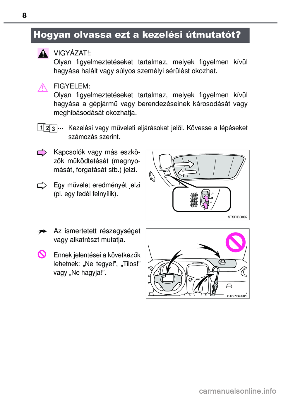 TOYOTA AYGO 2015  Kezelési útmutató (in Hungarian) 8
Hogyan olvassa ezt a kezelési útmutatót?
VIGYÁZAT!: 
Olyan figyelmeztetéseket tartalmaz, melyek figyelmen kívül
hagyása halált vagy súlyos személyi sérülést okozha\
t.
FIGYELEM: 
Olyan