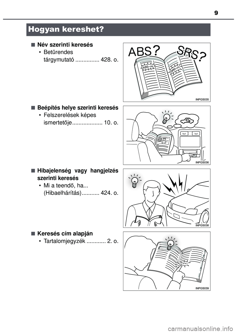 TOYOTA AYGO 2015  Kezelési útmutató (in Hungarian) 9
Hogyan kereshet?
Név szerinti keresés•Bet űrendes 
tárgymutató ............... 428. o.
Beépítés helye szerinti keresés
• Felszerelések képes 
ismertet ője................... 10