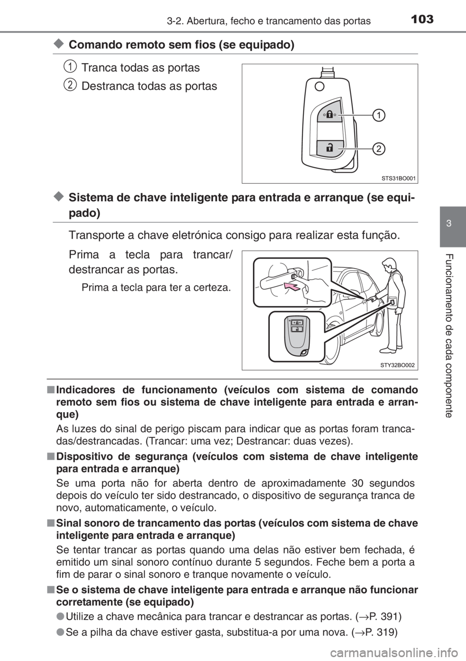 TOYOTA AYGO 2015  Manual de utilização (in Portuguese) 1033-2. Abertura, fecho e trancamento das portas
3
Funcionamento de cada componente
◆Comando remoto sem fios (se equipado)
Tranca todas as portas
Destranca todas as portas
◆Sistema de chave inteli