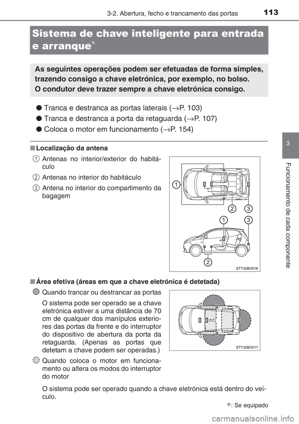 TOYOTA AYGO 2015 Manual de utilização (in Portuguese) 113
3
3-2. Abertura, fecho e trancamento das portas
Funcionamento de cada componente
Sistema de chave inteligente para entrada
e arranque
∗
●Tranca e destranca as portas laterais (→P. 103)
●T TOYOTA AYGO 2015 Manual de utilização (in Portuguese) 113
3
3-2. Abertura, fecho e trancamento das portas
Funcionamento de cada componente
Sistema de chave inteligente para entrada
e arranque
∗
●Tranca e destranca as portas laterais (→P. 103)
●T
