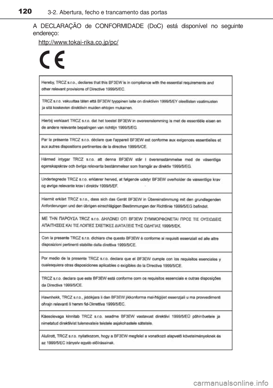 TOYOTA AYGO 2015 Manual de utilização (in Portuguese) 1203-2. Abertura, fecho e trancamento das portas
A DECLARAÇÃO de CONFORMIDADE (DoC) está disponível no seguinte
endereço:
http://www.tokai-rika.co.jp/pc/ TOYOTA AYGO 2015 Manual de utilização (in Portuguese) 1203-2. Abertura, fecho e trancamento das portas
A DECLARAÇÃO de CONFORMIDADE (DoC) está disponível no seguinte
endereço:
http://www.tokai-rika.co.jp/pc/