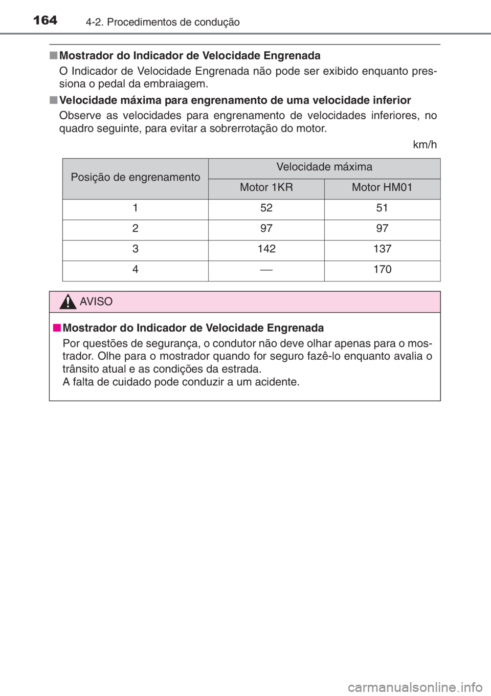 TOYOTA AYGO 2015 Manual de utilização (in Portuguese) 1644-2. Procedimentos de condução
■Mostrador do Indicador de Velocidade Engrenada
O Indicador de Velocidade Engrenada não pode ser exibido enquanto pres-
siona o pedal da embraiagem.
■Velocidad TOYOTA AYGO 2015 Manual de utilização (in Portuguese) 1644-2. Procedimentos de condução
■Mostrador do Indicador de Velocidade Engrenada
O Indicador de Velocidade Engrenada não pode ser exibido enquanto pres-
siona o pedal da embraiagem.
■Velocidad
