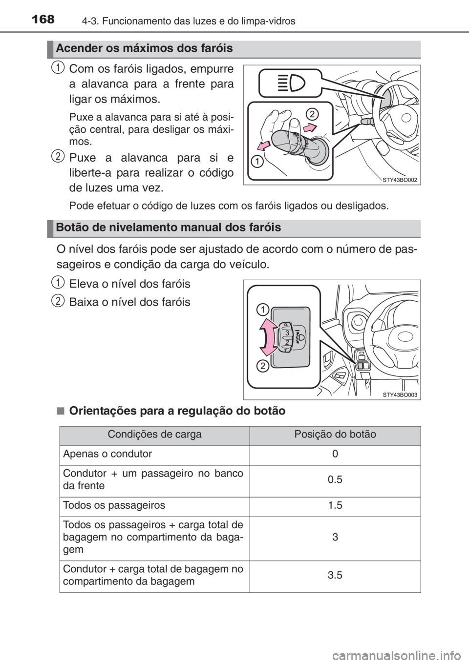 TOYOTA AYGO 2015 Manual de utilização (in Portuguese) 1684-3. Funcionamento das luzes e do limpa-vidros
Com os faróis ligados, empurre
a alavanca para a frente para
ligar os máximos.
Puxe a alavanca para si até à posi-
ção central, para desligar o TOYOTA AYGO 2015 Manual de utilização (in Portuguese) 1684-3. Funcionamento das luzes e do limpa-vidros
Com os faróis ligados, empurre
a alavanca para a frente para
ligar os máximos.
Puxe a alavanca para si até à posi-
ção central, para desligar o