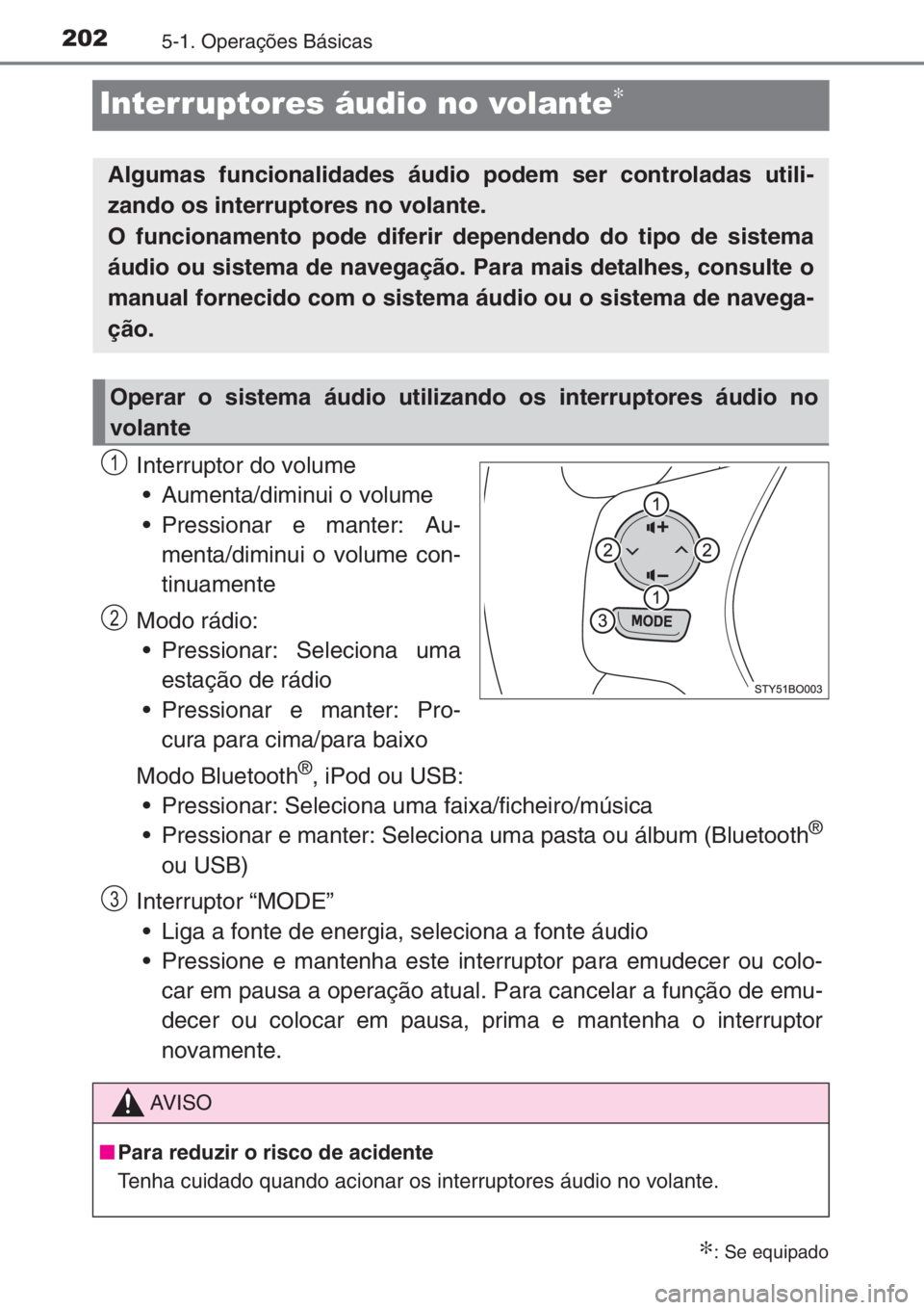 TOYOTA AYGO 2015 Manual de utilização (in Portuguese) 2025-1. Operações Básicas
Interruptores áudio no volante∗
Interruptor do volume
• Aumenta/diminui o volume
• Pressionar e manter: Au-
menta/diminui o volume con-
tinuamente
Modo rádio:
• TOYOTA AYGO 2015 Manual de utilização (in Portuguese) 2025-1. Operações Básicas
Interruptores áudio no volante∗
Interruptor do volume
• Aumenta/diminui o volume
• Pressionar e manter: Au-
menta/diminui o volume con-
tinuamente
Modo rádio:
•