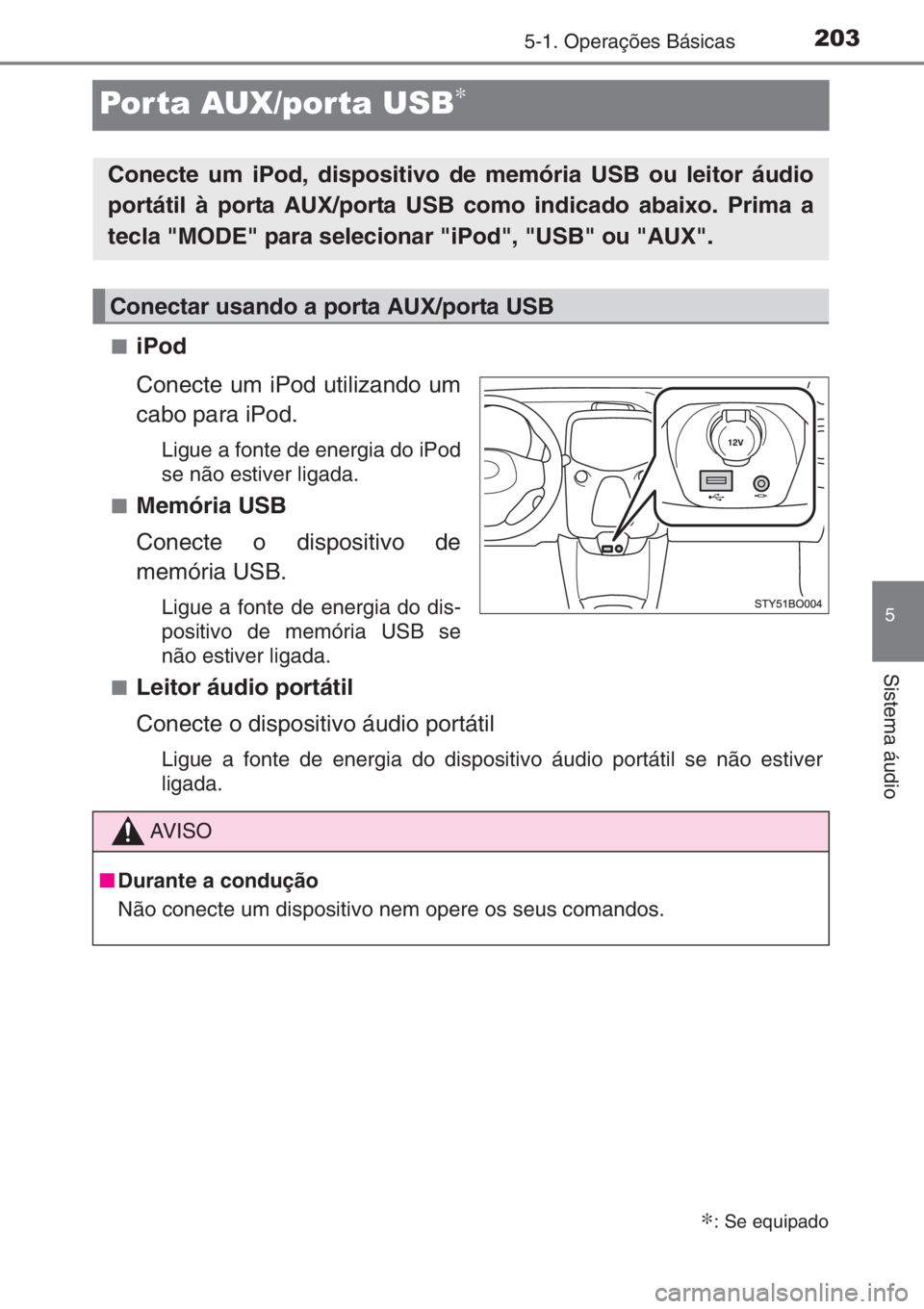 TOYOTA AYGO 2015 Manual de utilização (in Portuguese) 203
5
5-1. Operações Básicas
Sistema áudio
Porta AUX/porta USB∗
■iPod
Conecte um iPod utilizando um
cabo para iPod.
Ligue a fonte de energia do iPod
se não estiver ligada.
■
Memória USB
Co TOYOTA AYGO 2015 Manual de utilização (in Portuguese) 203
5
5-1. Operações Básicas
Sistema áudio
Porta AUX/porta USB∗
■iPod
Conecte um iPod utilizando um
cabo para iPod.
Ligue a fonte de energia do iPod
se não estiver ligada.
■
Memória USB
Co