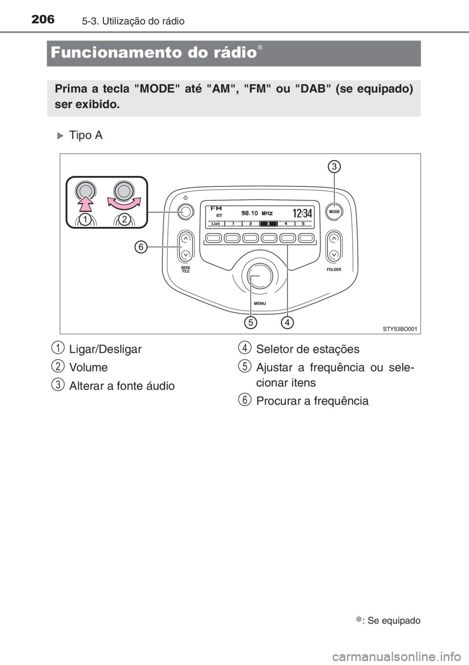 TOYOTA AYGO 2015  Manual de utilização (in Portuguese) 2065-3. Utilização do rádio
Funcionamento do rádio∗
�XTipo A
∗: Se equipado
Prima a tecla "MODE" até "AM", "FM" ou "DAB" (se equipado)
ser exibido.
Ligar/Desli