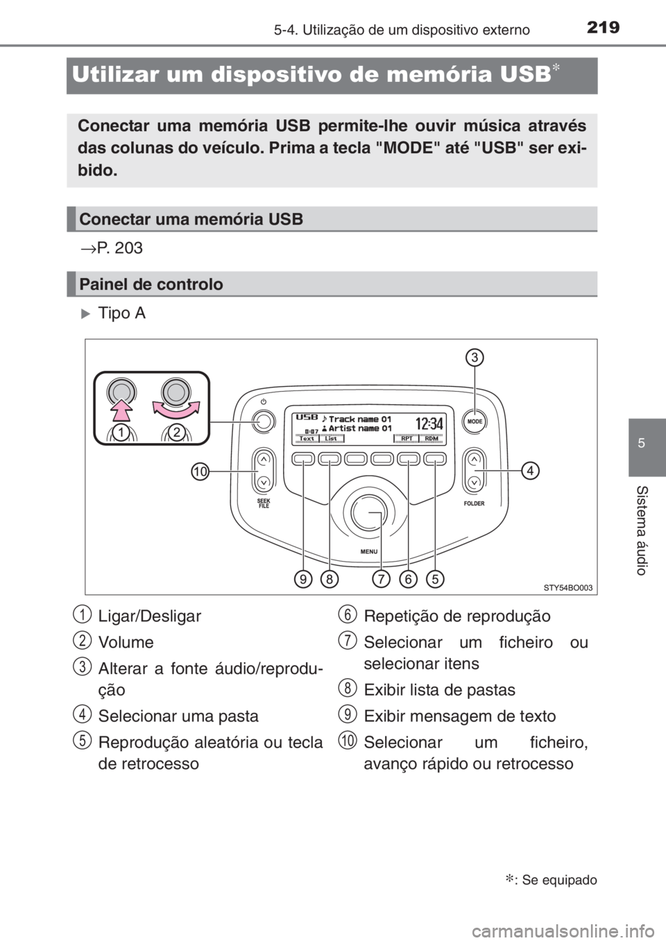 TOYOTA AYGO 2015  Manual de utilização (in Portuguese) 219
5
5-4. Utilização de um dispositivo externo
Sistema áudio
Utilizar um dispositivo de memória USB∗
→P. 203
�XTipo A
∗: Se equipado
Conectar uma memória USB permite-lhe ouvir música atra