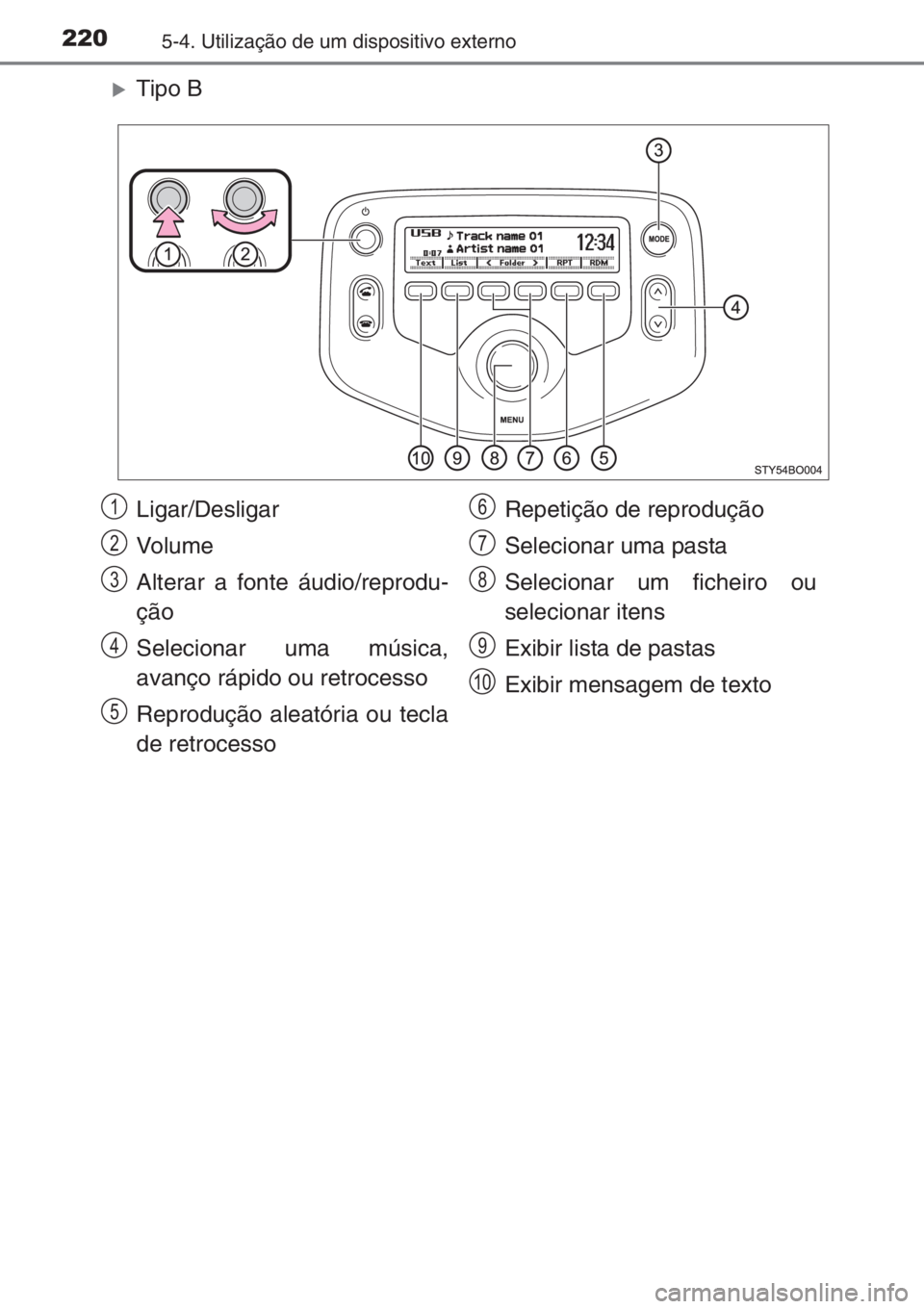 TOYOTA AYGO 2015  Manual de utilização (in Portuguese) 2205-4. Utilização de um dispositivo externo
�XTipo B
Ligar/Desligar
Vo l u m e
Alterar a fonte áudio/reprodu-
ção
Selecionar uma música,
avanço rápido ou retrocesso
Reprodução aleatória ou