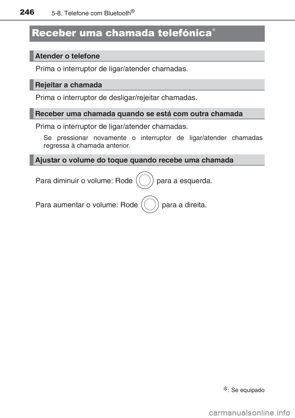TOYOTA AYGO 2015 Manual de utilização (in Portuguese) 2465-8. Telefone com Bluetooth®
Receber uma chamada telefónica∗
Prima o interruptor de ligar/atender chamadas.
Prima o interruptor de desligar/rejeitar chamadas.
Prima o interruptor de ligar/atend TOYOTA AYGO 2015 Manual de utilização (in Portuguese) 2465-8. Telefone com Bluetooth®
Receber uma chamada telefónica∗
Prima o interruptor de ligar/atender chamadas.
Prima o interruptor de desligar/rejeitar chamadas.
Prima o interruptor de ligar/atend