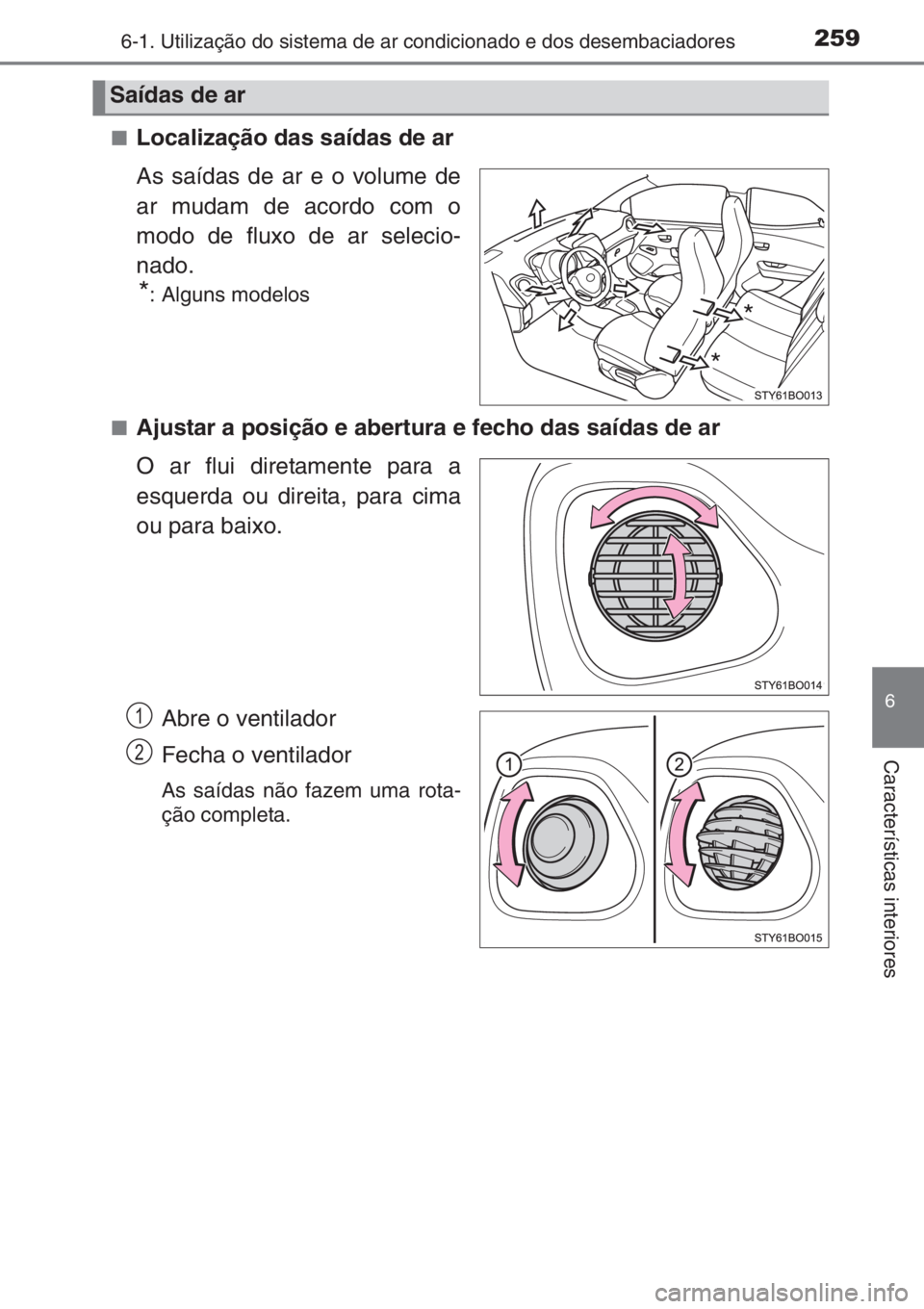 TOYOTA AYGO 2015  Manual de utilização (in Portuguese) 2596-1. Utilização do sistema de ar condicionado e dos desembaciadores
6
Características interiores
[
■Localização das saídas de ar
As saídas de ar e o volume de
ar mudam de acordo com o
modo