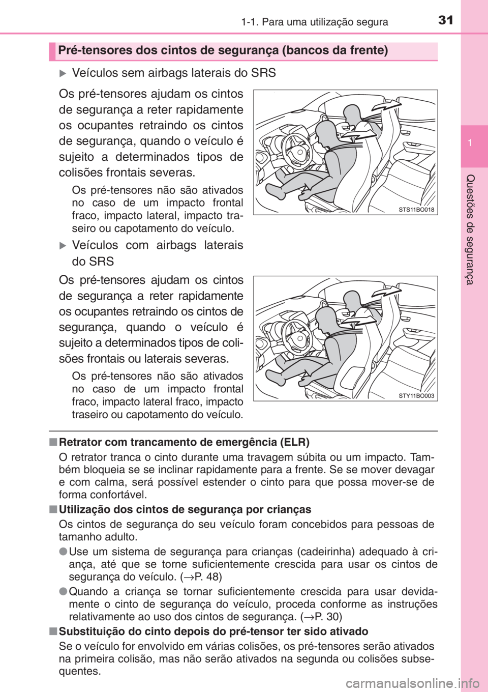 TOYOTA AYGO 2015  Manual de utilização (in Portuguese) 311-1. Para uma utilização segura
1
Questões de segurança
�XVeículos sem airbags laterais do SRS
Os pré-tensores ajudam os cintos
de segurança a reter rapidamente
os ocupantes retraindo os cint