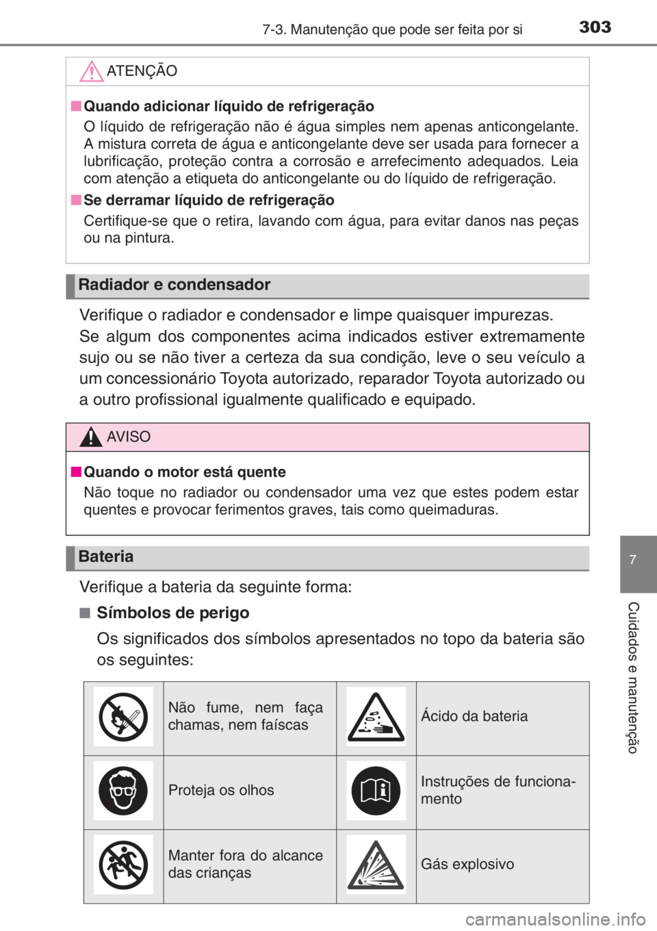 TOYOTA AYGO 2015  Manual de utilização (in Portuguese) 3037-3. Manutenção que pode ser feita por si
7
Cuidados e manutenção
Verifique o radiador e condensador e limpe quaisquer impurezas.
Se algum dos componentes acima indicados estiver extremamente
s