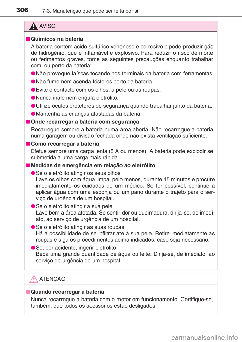 TOYOTA AYGO 2015  Manual de utilização (in Portuguese) 3067-3. Manutenção que pode ser feita por si
AV I S O
■Químicos na bateria
A bateria contém ácido sulfúrico venenoso e corrosivo e pode produzir gás
de hidrogénio, que é inflamável e explo