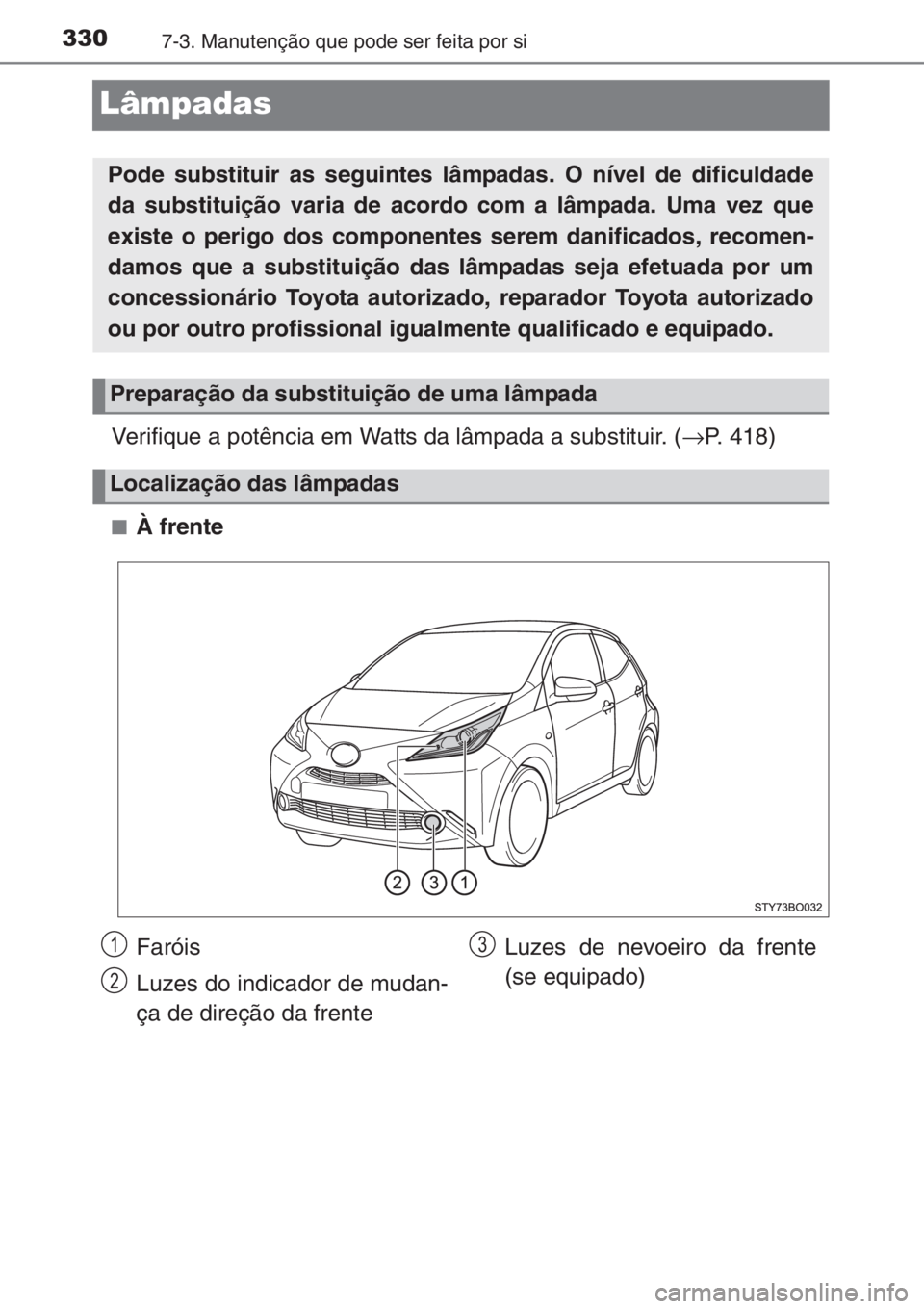 TOYOTA AYGO 2015 Manual de utilização (in Portuguese) 3307-3. Manutenção que pode ser feita por si
Lâmpadas
Verifique a potência em Watts da lâmpada a substituir. (→P. 418)
■À frente
Pode substituir as seguintes lâmpadas. O nível de dificulda TOYOTA AYGO 2015 Manual de utilização (in Portuguese) 3307-3. Manutenção que pode ser feita por si
Lâmpadas
Verifique a potência em Watts da lâmpada a substituir. (→P. 418)
■À frente
Pode substituir as seguintes lâmpadas. O nível de dificulda