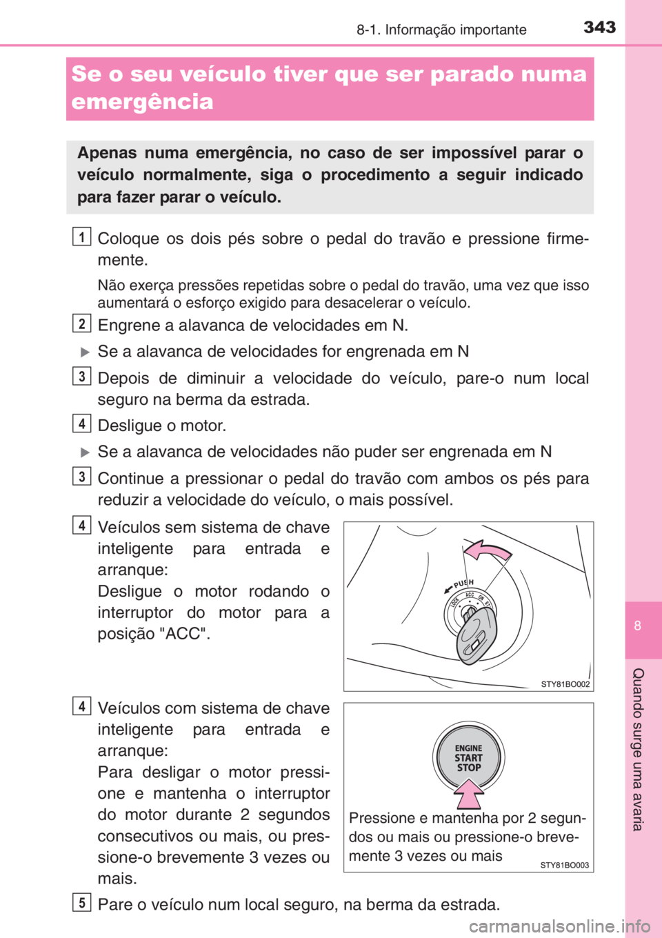 TOYOTA AYGO 2015 Manual de utilização (in Portuguese) 3438-1. Informação importante
8
Quando surge uma avaria
Se o seu veículo tiver que ser parado numa
emergência
Coloque os dois pés sobre o pedal do travão e pressione firme-
mente.
Não exerça TOYOTA AYGO 2015 Manual de utilização (in Portuguese) 3438-1. Informação importante
8
Quando surge uma avaria
Se o seu veículo tiver que ser parado numa
emergência
Coloque os dois pés sobre o pedal do travão e pressione firme-
mente.
Não exerça