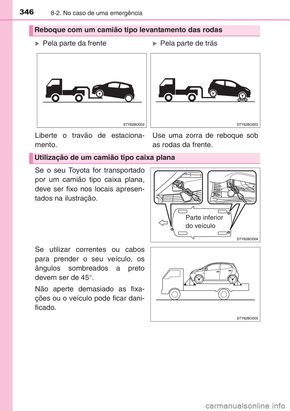 TOYOTA AYGO 2015 Manual de utilização (in Portuguese) 3468-2. No caso de uma emergência
Se o seu Toyota for transportado
por um camião tipo caixa plana,
deve ser fixo nos locais apresen-
tados na ilustração.
Se utilizar correntes ou cabos
para prende TOYOTA AYGO 2015 Manual de utilização (in Portuguese) 3468-2. No caso de uma emergência
Se o seu Toyota for transportado
por um camião tipo caixa plana,
deve ser fixo nos locais apresen-
tados na ilustração.
Se utilizar correntes ou cabos
para prende