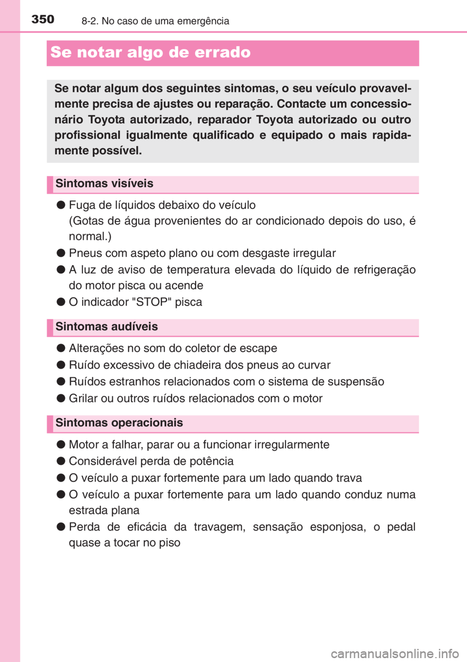 TOYOTA AYGO 2015 Manual de utilização (in Portuguese) 3508-2. No caso de uma emergência
Se notar algo de errado
●Fuga de líquidos debaixo do veículo
(Gotas de água provenientes do ar condicionado depois do uso, é
normal.)
●Pneus com aspeto plano TOYOTA AYGO 2015 Manual de utilização (in Portuguese) 3508-2. No caso de uma emergência
Se notar algo de errado
●Fuga de líquidos debaixo do veículo
(Gotas de água provenientes do ar condicionado depois do uso, é
normal.)
●Pneus com aspeto plano