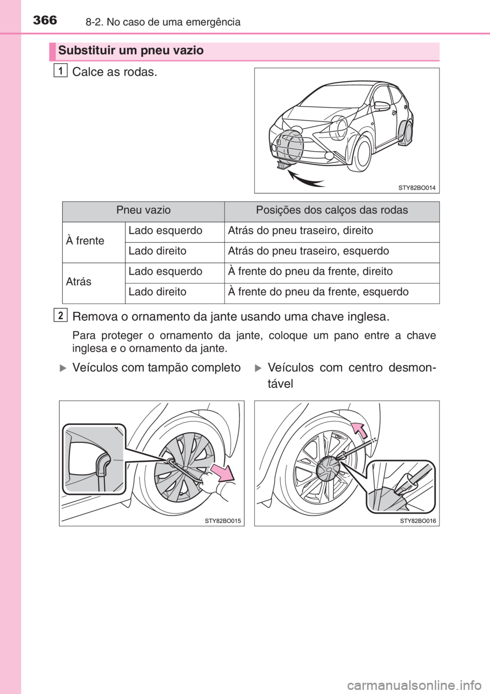 TOYOTA AYGO 2015 Manual de utilização (in Portuguese) 3668-2. No caso de uma emergência
Calce as rodas.
Remova o ornamento da jante usando uma chave inglesa.
Para proteger o ornamento da jante, coloque um pano entre a chave
inglesa e o ornamento da jant TOYOTA AYGO 2015 Manual de utilização (in Portuguese) 3668-2. No caso de uma emergência
Calce as rodas.
Remova o ornamento da jante usando uma chave inglesa.
Para proteger o ornamento da jante, coloque um pano entre a chave
inglesa e o ornamento da jant