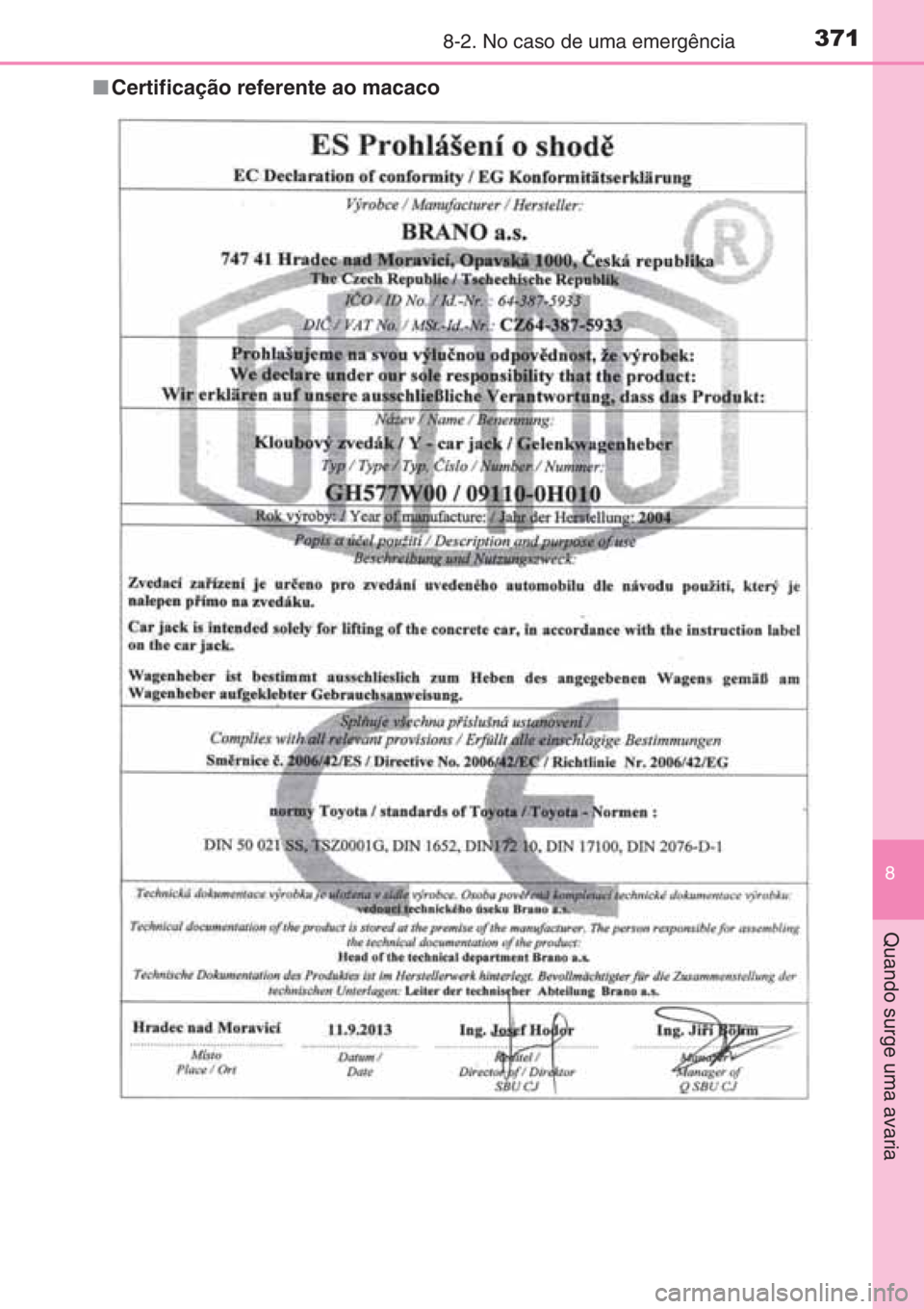 TOYOTA AYGO 2015  Manual de utilização (in Portuguese) 3718-2. No caso de uma emergência
8
Quando surge uma avaria
■Certificação referente ao macaco 
