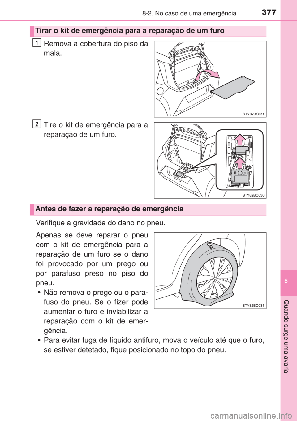 TOYOTA AYGO 2015  Manual de utilização (in Portuguese) 3778-2. No caso de uma emergência
8
Quando surge uma avaria
Remova a cobertura do piso da
mala.
Tire o kit de emergência para a
reparação de um furo.
Verifique a gravidade do dano no pneu.
Apenas 