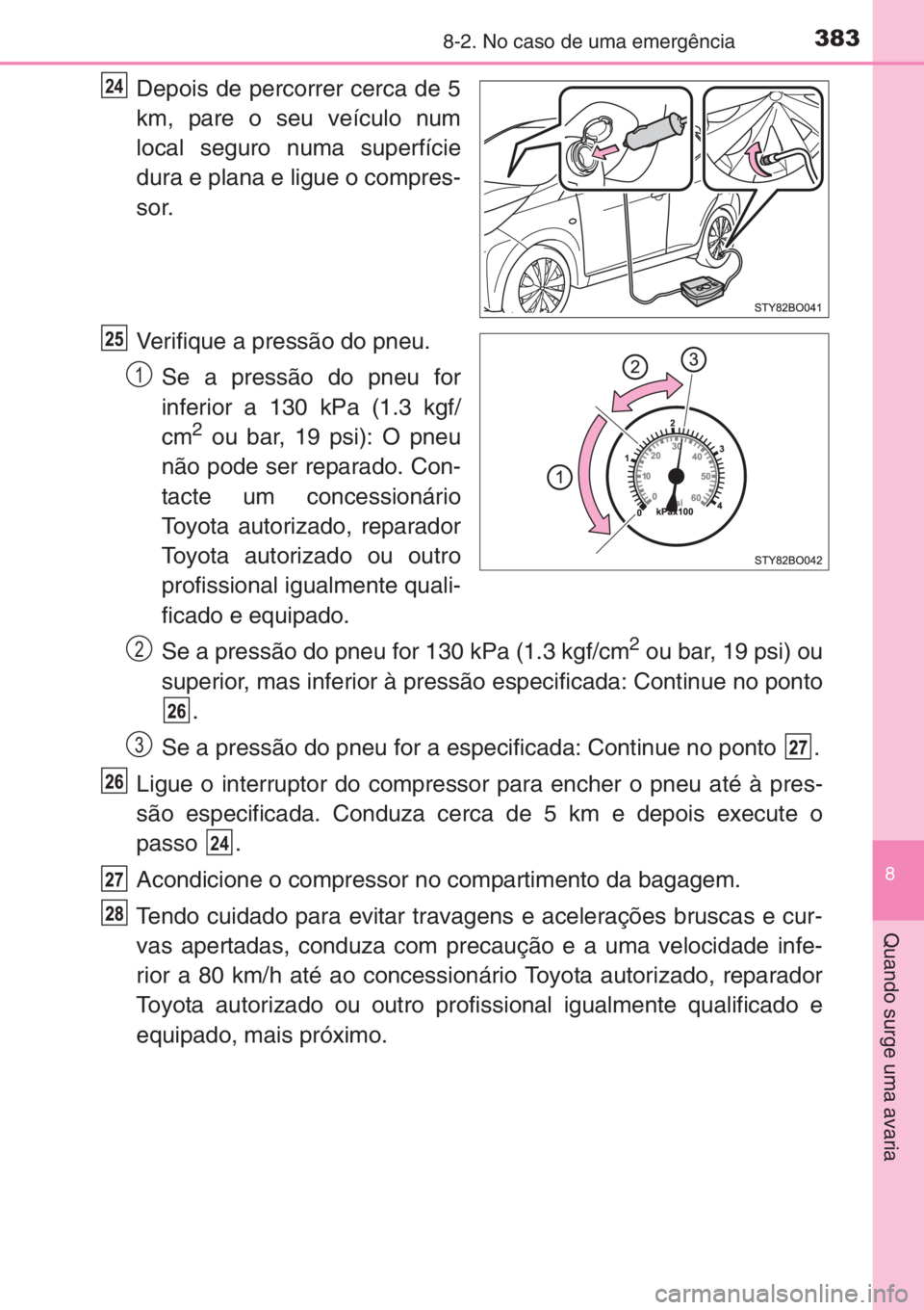 TOYOTA AYGO 2015 Manual de utilização (in Portuguese) 3838-2. No caso de uma emergência
8
Quando surge uma avaria
Depois de percorrer cerca de 5
km, pare o seu veículo num
local seguro numa superfície
dura e plana e ligue o compres-
sor.
Verifique a p TOYOTA AYGO 2015 Manual de utilização (in Portuguese) 3838-2. No caso de uma emergência
8
Quando surge uma avaria
Depois de percorrer cerca de 5
km, pare o seu veículo num
local seguro numa superfície
dura e plana e ligue o compres-
sor.
Verifique a p