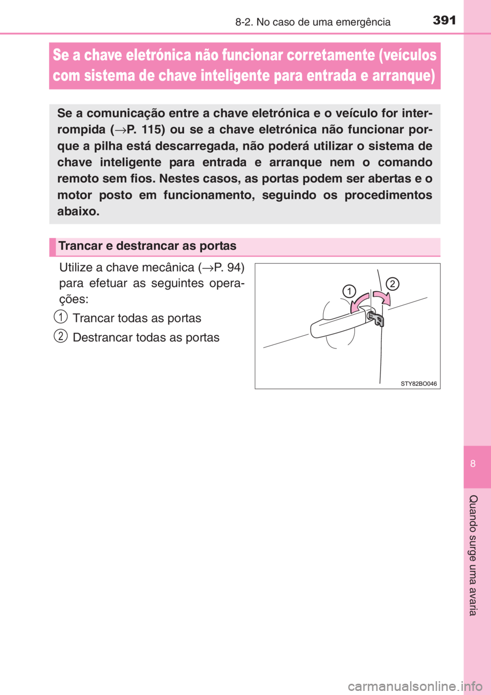 TOYOTA AYGO 2015 Manual de utilização (in Portuguese) 3918-2. No caso de uma emergência
8
Quando surge uma avaria
Se a chave eletrónica não funcionar corretamente (veículos
com sistema de chave inteligente para entrada e arranque)
Utilize a chave me TOYOTA AYGO 2015 Manual de utilização (in Portuguese) 3918-2. No caso de uma emergência
8
Quando surge uma avaria
Se a chave eletrónica não funcionar corretamente (veículos
com sistema de chave inteligente para entrada e arranque)
Utilize a chave me