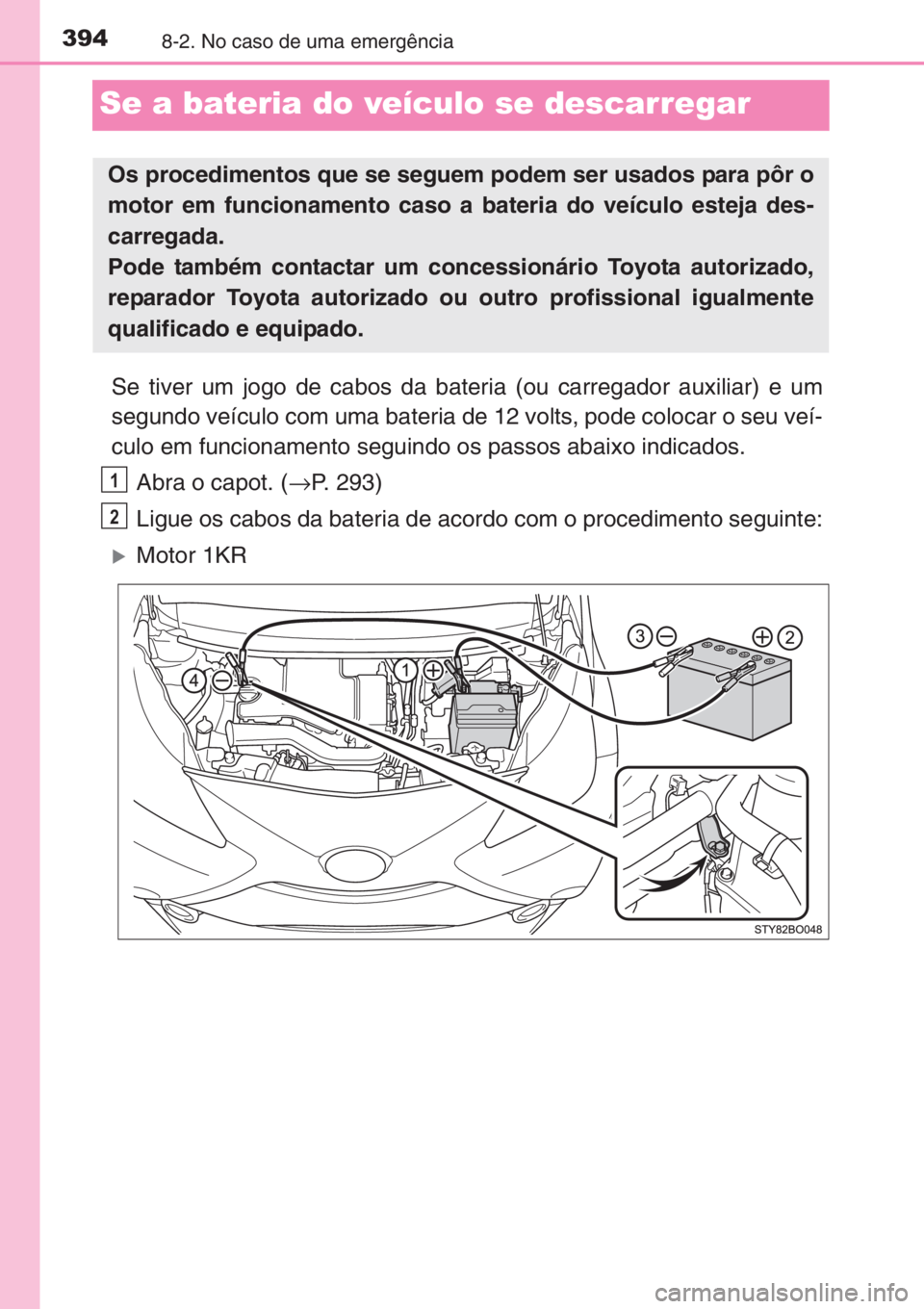 TOYOTA AYGO 2015 Manual de utilização (in Portuguese) 3948-2. No caso de uma emergência
Se a bateria do veículo se descarregar
Se tiver um jogo de cabos da bateria (ou carregador auxiliar) e um
segundo veículo com uma bateria de 12 volts, pode colocar TOYOTA AYGO 2015 Manual de utilização (in Portuguese) 3948-2. No caso de uma emergência
Se a bateria do veículo se descarregar
Se tiver um jogo de cabos da bateria (ou carregador auxiliar) e um
segundo veículo com uma bateria de 12 volts, pode colocar