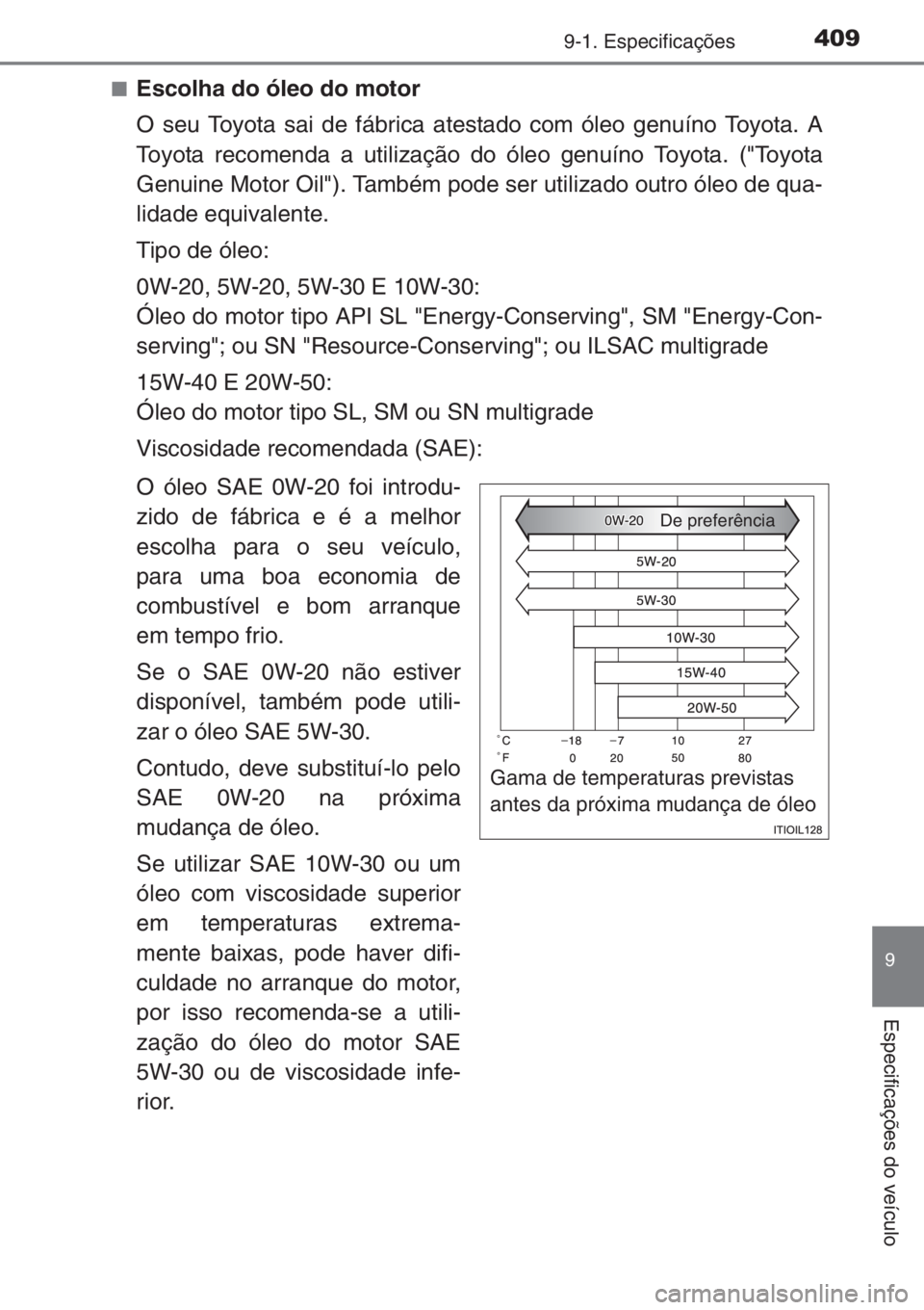 TOYOTA AYGO 2015  Manual de utilização (in Portuguese) 4099-1. Especificações
9
Especificações do veículo
■Escolha do óleo do motor
O seu Toyota sai de fábrica atestado com óleo genuíno Toyota. A
Toyota recomenda a utilização do óleo genuín