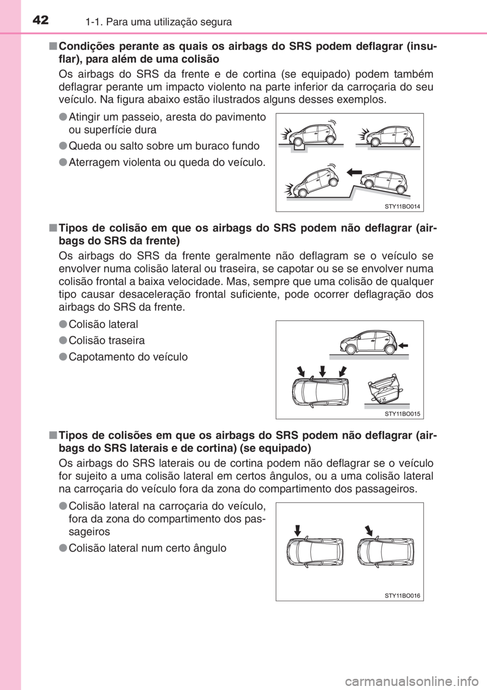 TOYOTA AYGO 2015 Manual de utilização (in Portuguese) 421-1. Para uma utilização segura
■Condições perante as quais os airbags do SRS podem deflagrar (insu-
flar), para além de uma colisão
Os airbags do SRS da frente e de cortina (se equipado) p TOYOTA AYGO 2015 Manual de utilização (in Portuguese) 421-1. Para uma utilização segura
■Condições perante as quais os airbags do SRS podem deflagrar (insu-
flar), para além de uma colisão
Os airbags do SRS da frente e de cortina (se equipado) p