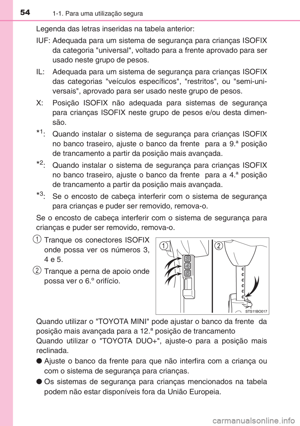 TOYOTA AYGO 2015  Manual de utilização (in Portuguese) 541-1. Para uma utilização segura
Legenda das letras inseridas na tabela anterior:
IUF: Adequada para um sistema de segurança para crianças ISOFIX
da categoria "universal", voltado para a 