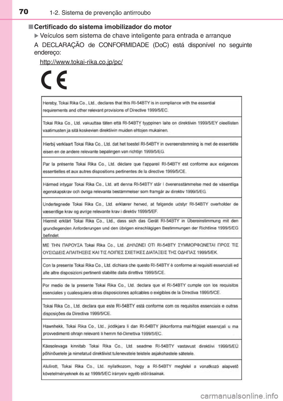 TOYOTA AYGO 2015  Manual de utilização (in Portuguese) 701-2. Sistema de prevenção antirroubo
■Certificado do sistema imobilizador do motor
�XVeículos sem sistema de chave inteligente para entrada e arranque
A DECLARAÇÃO de CONFORMIDADE (DoC) está