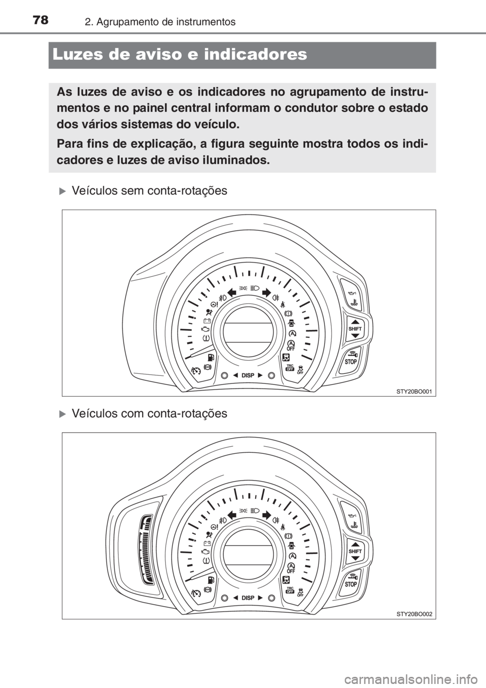 TOYOTA AYGO 2015  Manual de utilização (in Portuguese) 782. Agrupamento de instrumentos
Luzes de aviso e indicadores
�XVeículos sem conta-rotações
�XVeículos com conta-rotações
As luzes de aviso e os indicadores no agrupamento de instru-
mentos e no