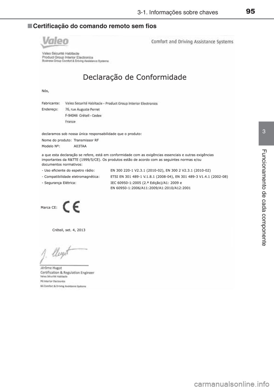 TOYOTA AYGO 2015  Manual de utilização (in Portuguese) 953-1. Informações sobre chaves
3
Funcionamento de cada componente
■Certificação do comando remoto sem fios 