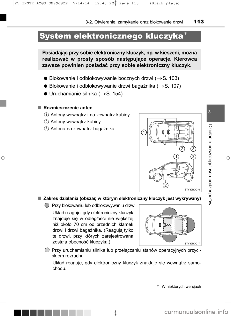 TOYOTA AYGO 2015  Instrukcja obsługi (in Polish) Blokowanie i odblokowywanie bocznych drzwi (S. 103)
Blokowanie i odblokowywanie drzwi baga˝nika (
S. 107)
Uruchamianie silnika (
S. 154)
Rozmieszczenie anten
Anteny wewnàtrz i na zewnàtrz kabiny