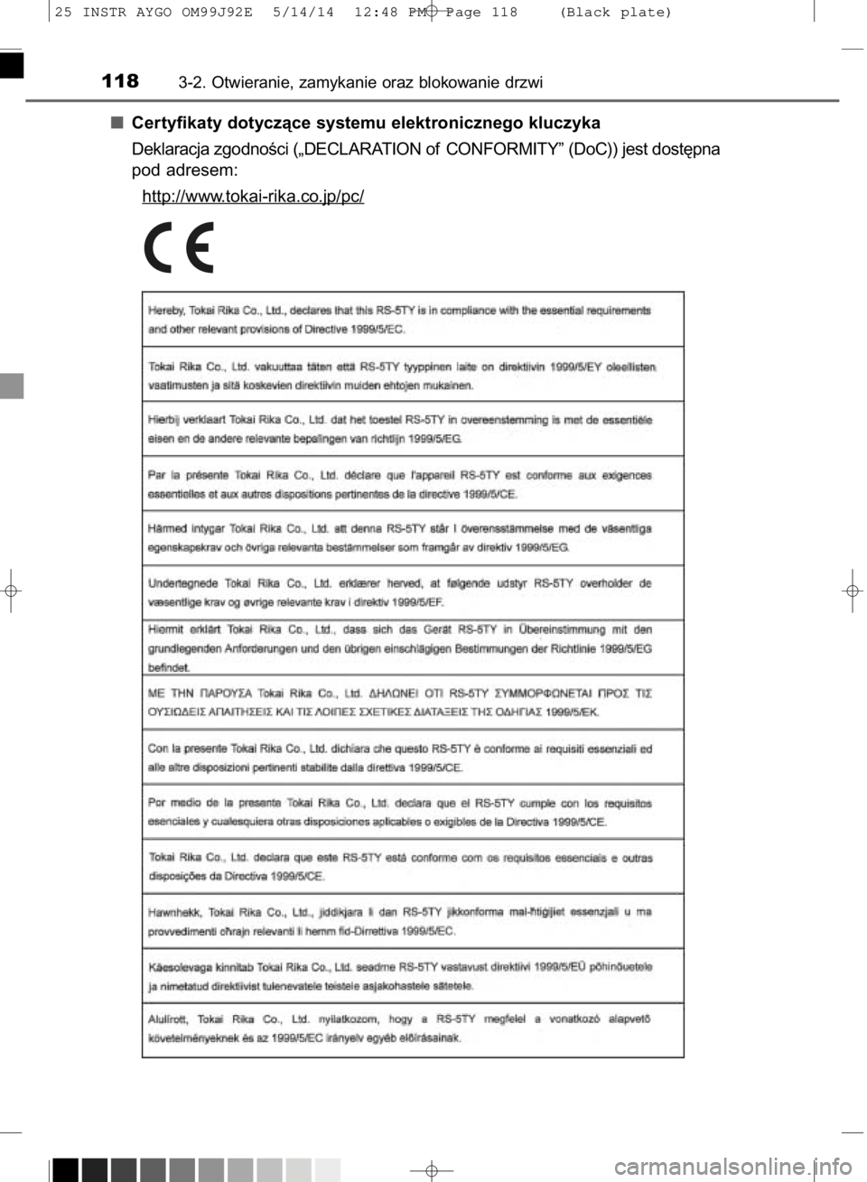 TOYOTA AYGO 2015  Instrukcja obsługi (in Polish) Certyfikaty dotyczàce systemu elektronicznego kluczyka
Deklaracja zgodnoÊci („DECLARATION of CONFORMITY” (DoC)) jest dost´pna
pod adresem:
http://www
.tokai-rika.co.jp/pc/
1183-2. Otwieranie, z