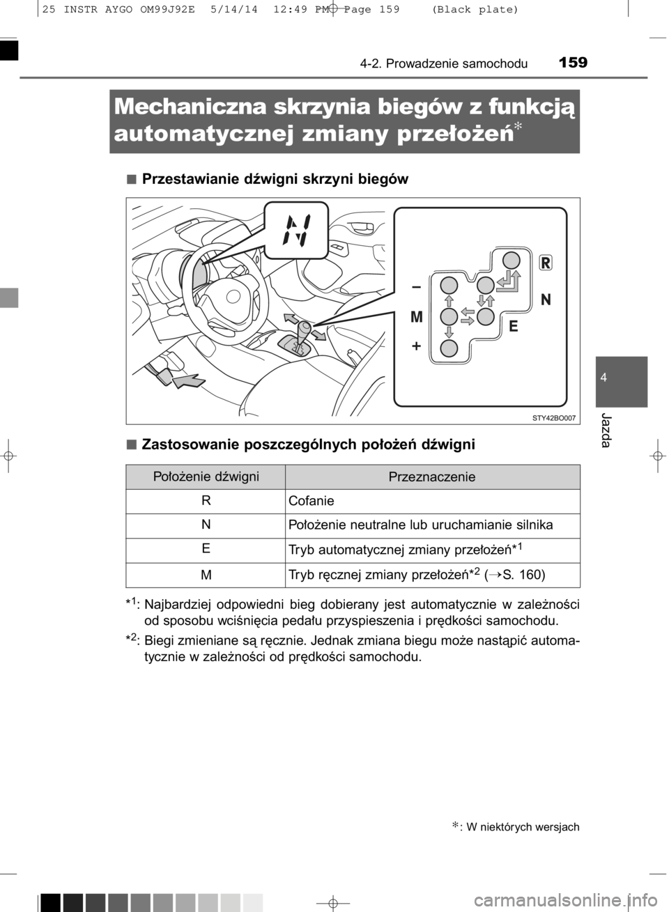 TOYOTA AYGO 2015  Instrukcja obsługi (in Polish) Przestawianie dêwigni skrzyni biegów
Zastosowanie poszczególnych po∏o˝eƒ dêwigni
*1: Najbardziej  odpowiedni  bieg  dobierany  jest  automatycznie  w zale˝noÊci
od sposobu wciÊni´cia peda