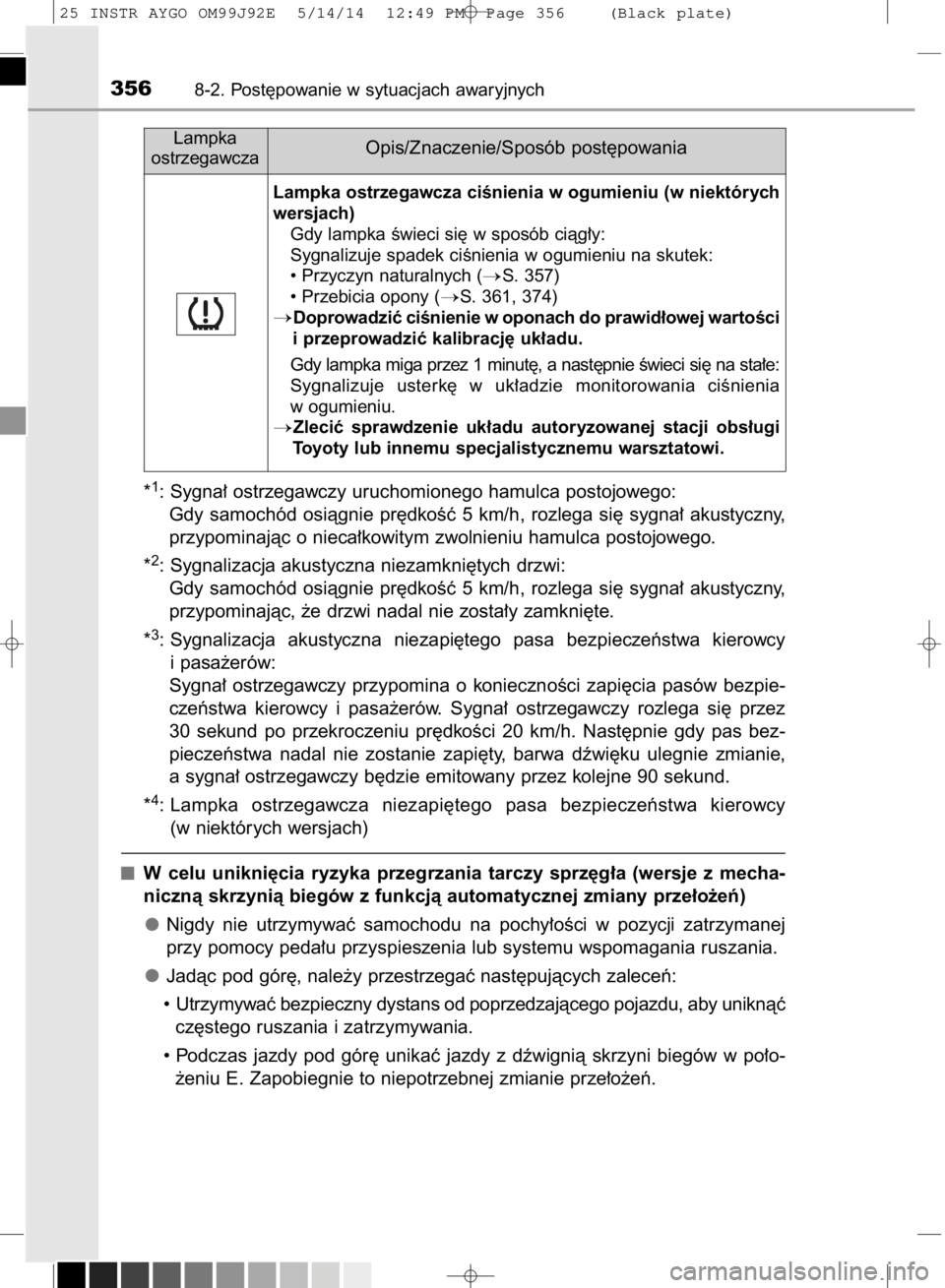 TOYOTA AYGO 2015  Instrukcja obsługi (in Polish) *1: Sygna∏ ostrzegawczy uruchomionego hamulca postojowego:
Gdy  samochód  osiàgnie  pr´dkoÊç  5  km/h,  rozlega  si´  sygna∏  akustyczny,
przypominajàc o nieca∏kowitym zwolnieniu hamulca 