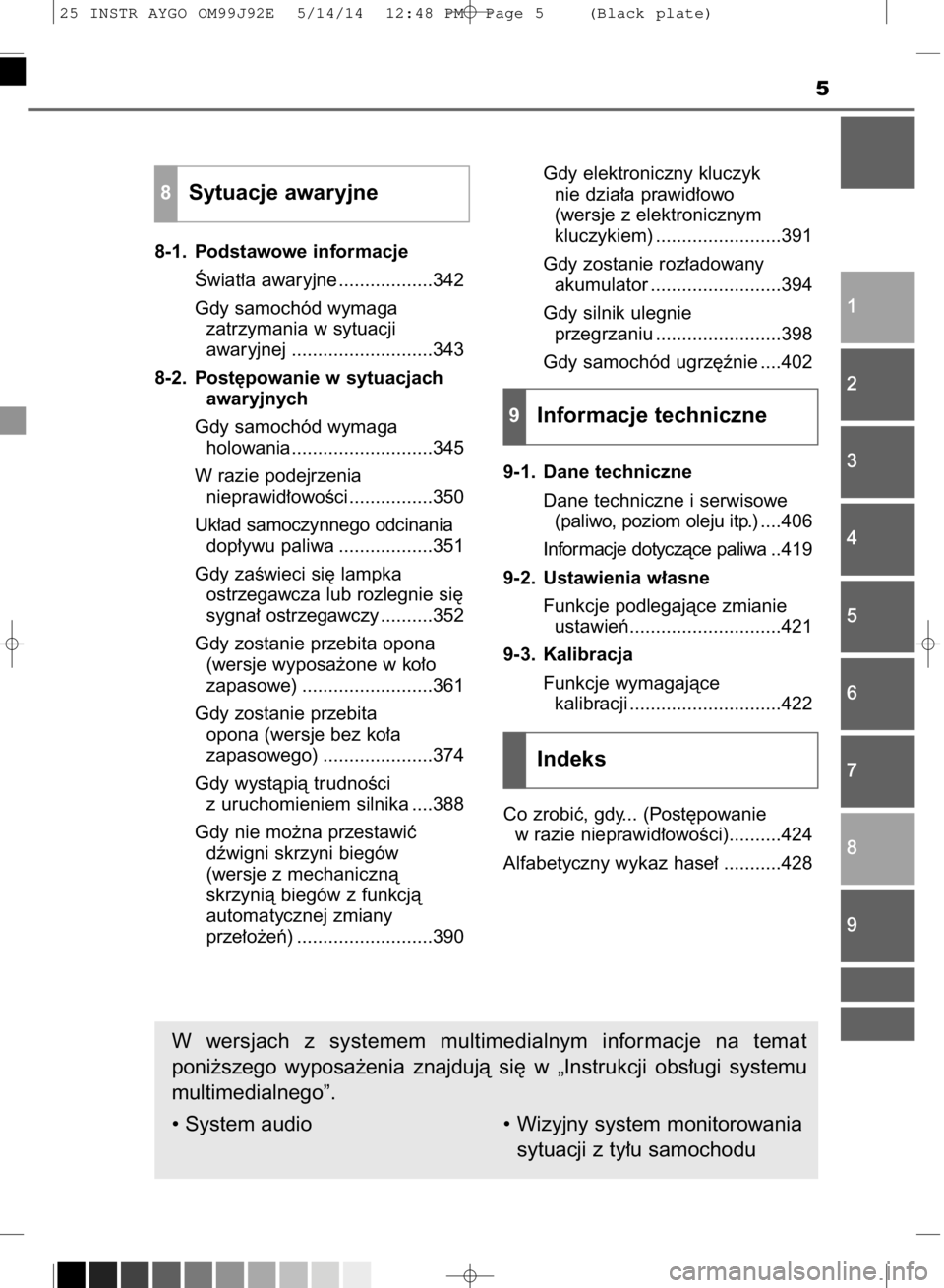 TOYOTA AYGO 2015  Instrukcja obsługi (in Polish) 5
8-1. Podstawowe informacje
Âwiat∏a awaryjne ..................342
Gdy samochód wymaga
zatrzymania w sytuacji
awaryjnej ...........................343
8-2. Post´powanie w sytuacjach
awaryjnych
G