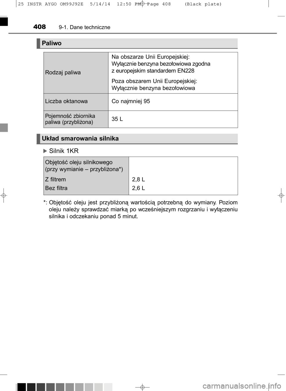 TOYOTA AYGO 2015  Instrukcja obsługi (in Polish) óSilnik 1KR
*: Obj´toÊç  oleju  jest  przybli˝onà  war toÊcià  potrzebnà  do  wymiany.  Poziom
oleju  nale˝y  sprawdzaç  miarkà  po  wczeÊniejszym  rozgrzaniu  i wy∏àczeniu
silnika i o