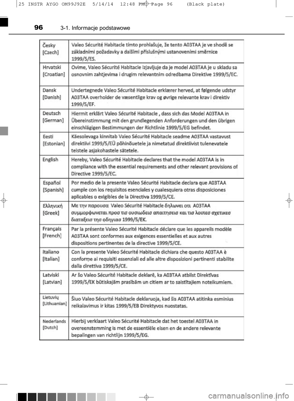 TOYOTA AYGO 2015  Instrukcja obsługi (in Polish) 963-1. Informacje podstawowe
25 INSTR AYGO OM99J92E  5/14/14  12:48 PM  Page 96    (Black plate) 