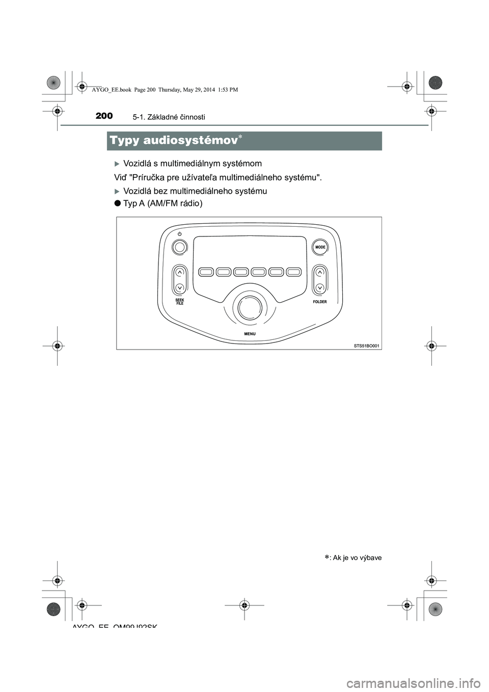 TOYOTA AYGO 2015 Návod na použitie (in Slovakian) 2005-1. Základné činnosti
AYGO EE OM99J92SK
Typy audiosystémov
Vozidlá s multimediálnym systémom
Vi ď "Príručka pre užívateľa multimediálneho systému".
Vozidlá bez multimedi TOYOTA AYGO 2015 Návod na použitie (in Slovakian) 2005-1. Základné činnosti
AYGO EE OM99J92SK
Typy audiosystémov
Vozidlá s multimediálnym systémom
Vi ď "Príručka pre užívateľa multimediálneho systému".
Vozidlá bez multimedi