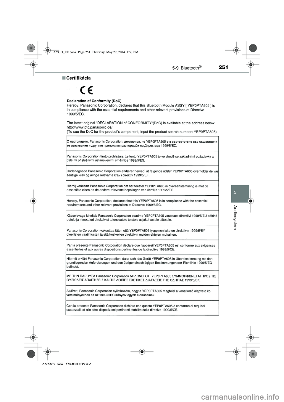 TOYOTA AYGO 2015 Návod na použitie (in Slovakian) 2515-9. Bluetooth®
5
Audiosystém
AYGO EE OM99J92SK
■ Certifikácia
AYGO_EE.book Page 251 Thursday, May 29, 2014 1:53 PM TOYOTA AYGO 2015 Návod na použitie (in Slovakian) 2515-9. Bluetooth®
5
Audiosystém
AYGO EE OM99J92SK
■ Certifikácia
AYGO_EE.book Page 251 Thursday, May 29, 2014 1:53 PM