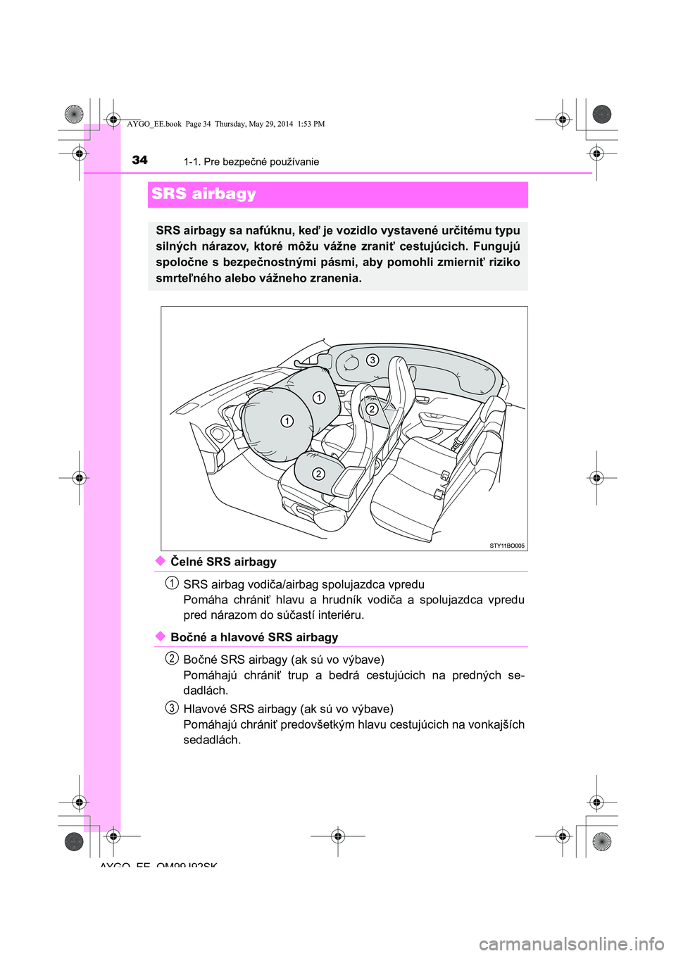 TOYOTA AYGO 2015  Návod na použitie (in Slovakian) 341-1. Pre bezpečné používanie
AYGO EE OM99J92SK
SRS airbagy
◆Čelné SRS airbagy 
SRS airbag vodi ča/airbag spolujazdca vpredu 
Pomáha chráni ť hlavu a hrudník vodiča a spolujazdca vpredu