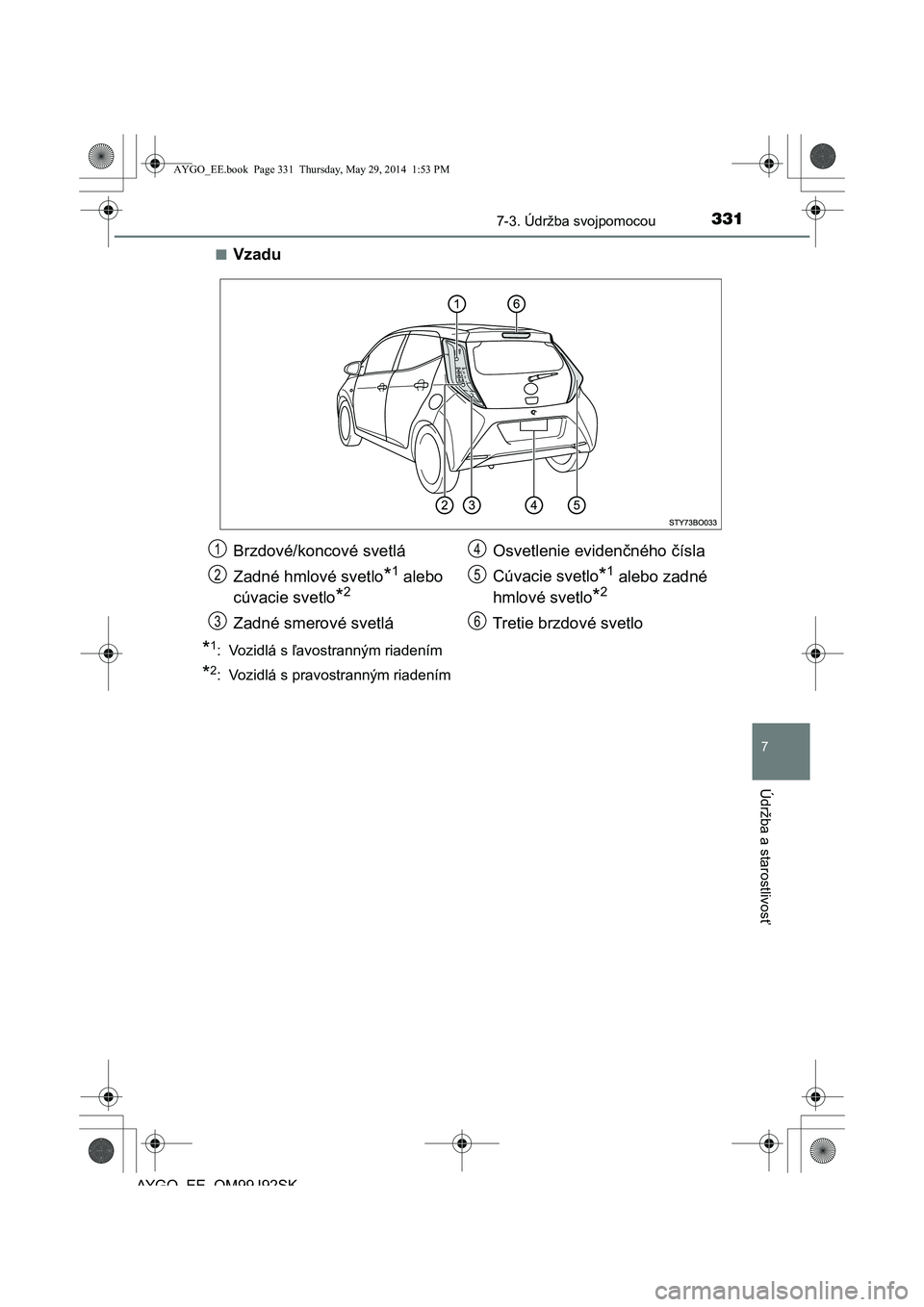 TOYOTA AYGO 2015  Návod na použitie (in Slovakian) 3317-3. Údržba svojpomocou
7
Údržba a starostlivos
ť
AYGO EE OM99J92SK 
■Vzadu
*1: Vozidlá s  ľavostranným riadením
*2: Vozidlá s pravostranným riadením
Brzdové/koncové svetlá 
Zadné