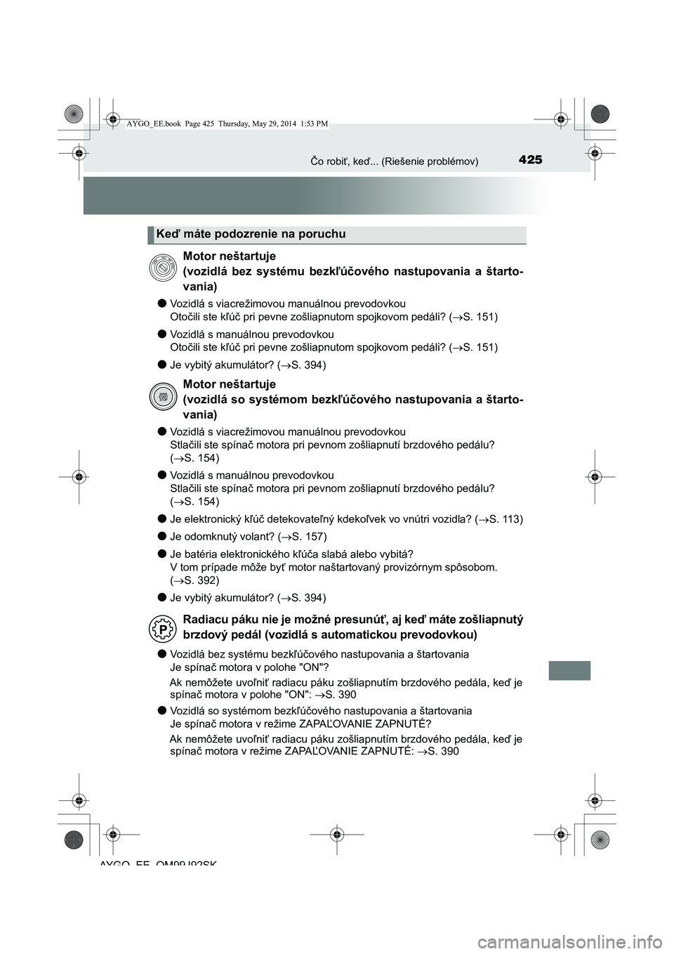 TOYOTA AYGO 2015  Návod na použitie (in Slovakian) 425Čo robiť, keď... (Riešenie problémov)
AYGO EE OM99J92SK
●Vozidlá s viacrežimovou manuálnou prevodovkou 
Oto čili ste kľúč pri pevne zošliapnutom spojkovom pedáli? (S. 151)
●Voz