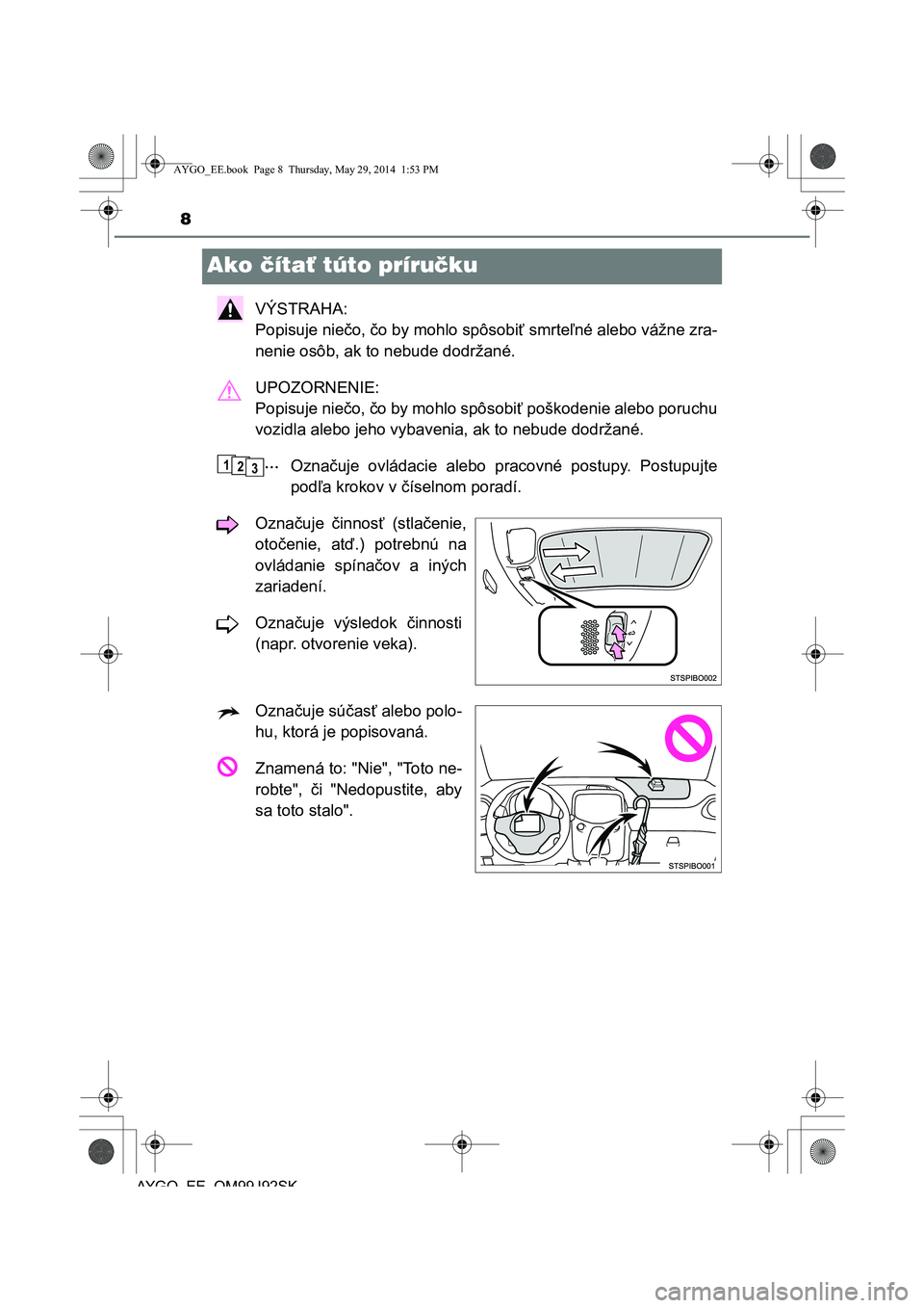 TOYOTA AYGO 2015  Návod na použitie (in Slovakian) 8
AYGO EE OM99J92SK
Ako čítať túto príručku
VÝSTRAHA:  
Popisuje nie čo, čo by mohlo spôsobiť smrteľné alebo vážne zra- 
nenie osôb, ak to nebude dodržané. 
UPOZORNENIE:  
Popisuje n