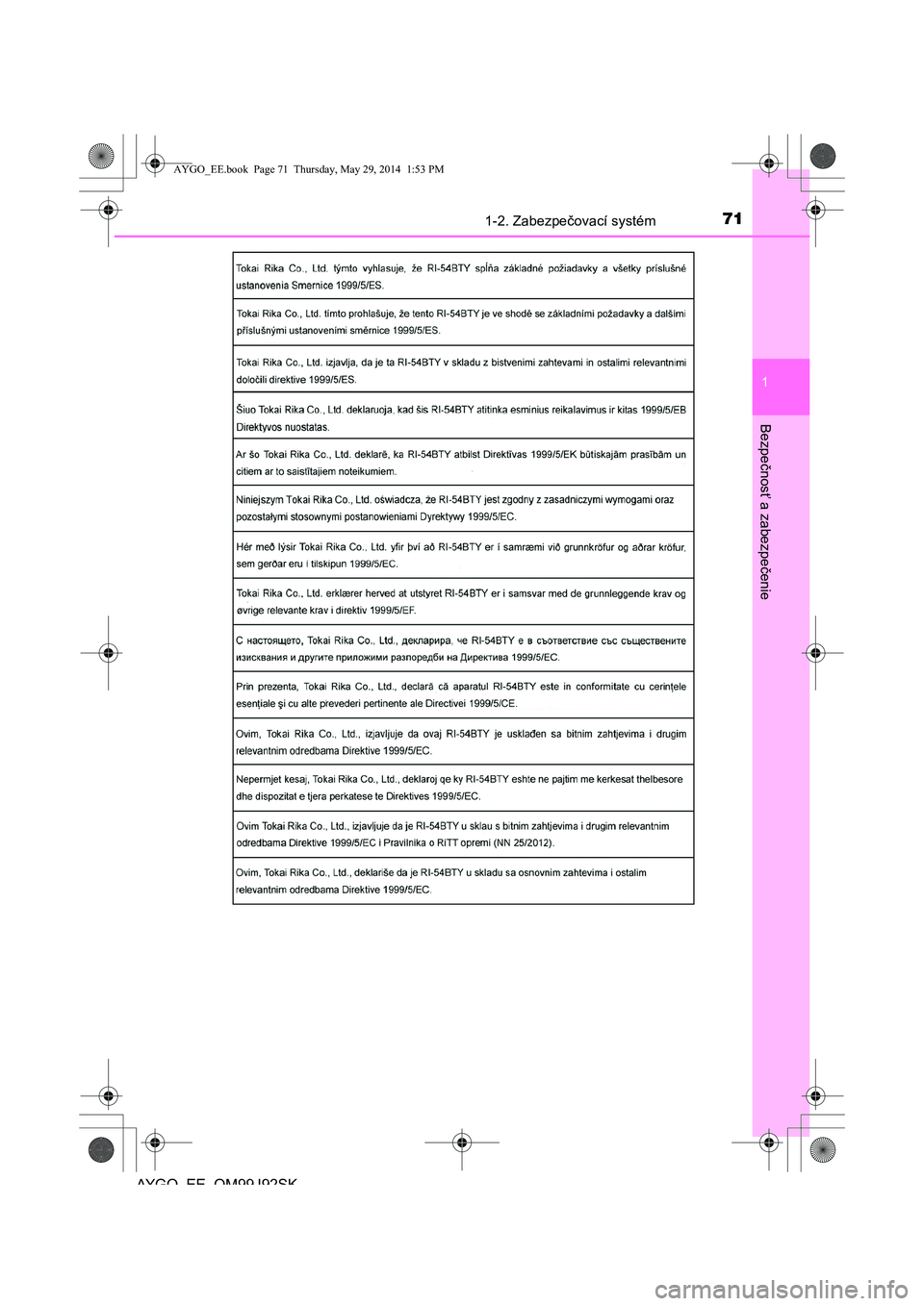 TOYOTA AYGO 2015  Návod na použitie (in Slovakian) 711-2. Zabezpečovací systém
1
Bezpe
čnos
ť a zabezpe
čenie
AYGO EE OM99J92SK
AYGO_EE.book  Page 71  Thursday, May 29, 2014  1:53 PM 