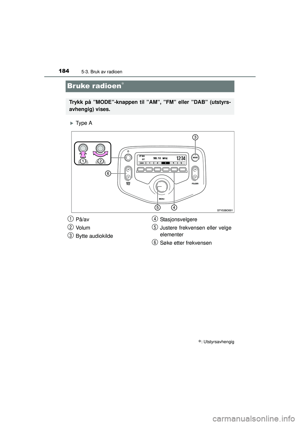 TOYOTA AYGO 2015  Instruksjoner for bruk (in Norwegian) 1845-3. Bruk av radioen
OM99J92NO
Bruke radioen∗
�XTy p e  A
∗: Utstyrsavhengig
Trykk på ”MODE”-knappen til ”AM”, ”FM” eller ”DAB” (utstyrs-
avhengig) vises.
På/av
Vo l u m
Bytte