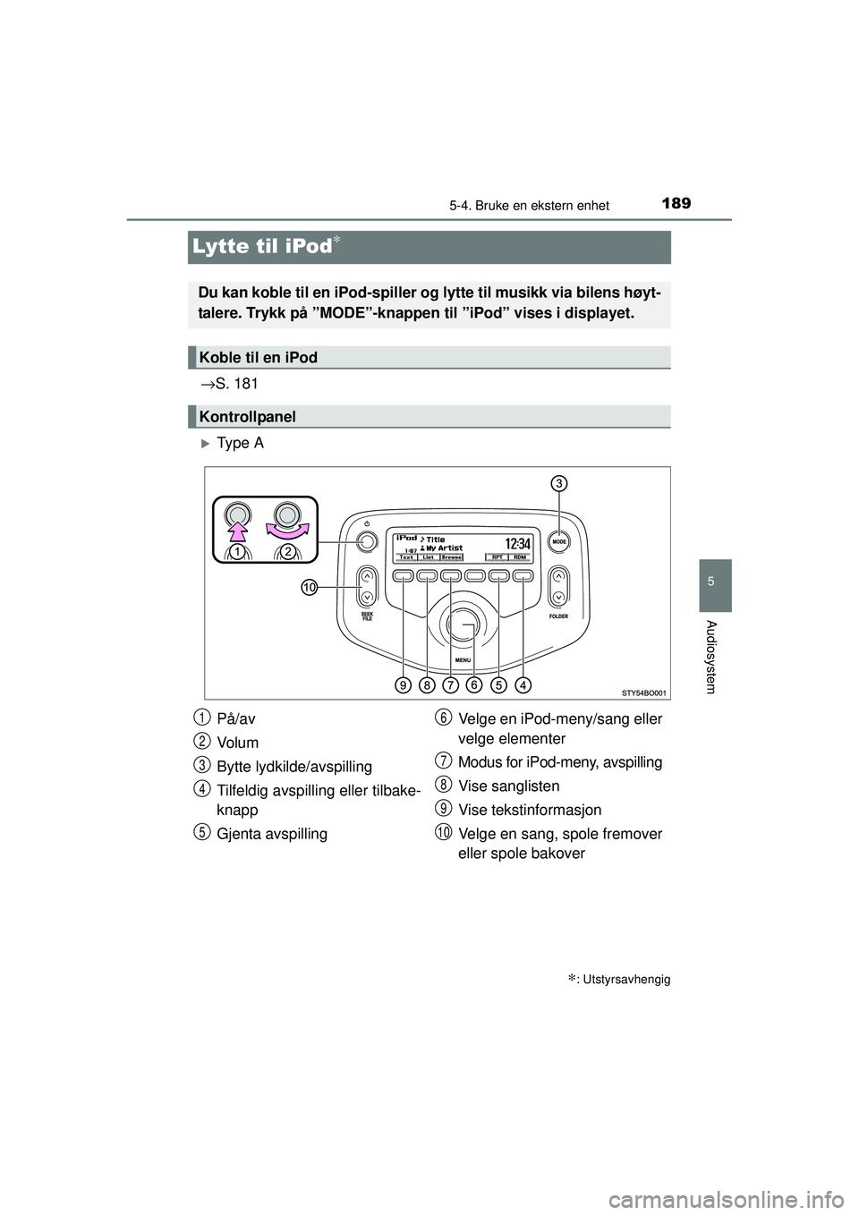 TOYOTA AYGO 2015  Instruksjoner for bruk (in Norwegian) 189
5
5-4. Bruke en ekstern enhet
Audiosystem
OM99J92NO
Lytte til iPod∗
→S. 181
�XTy p e  A
∗: Utstyrsavhengig
Du kan koble til en iPod-spiller og lytte til musikk via bilens høyt-
talere. Tryk