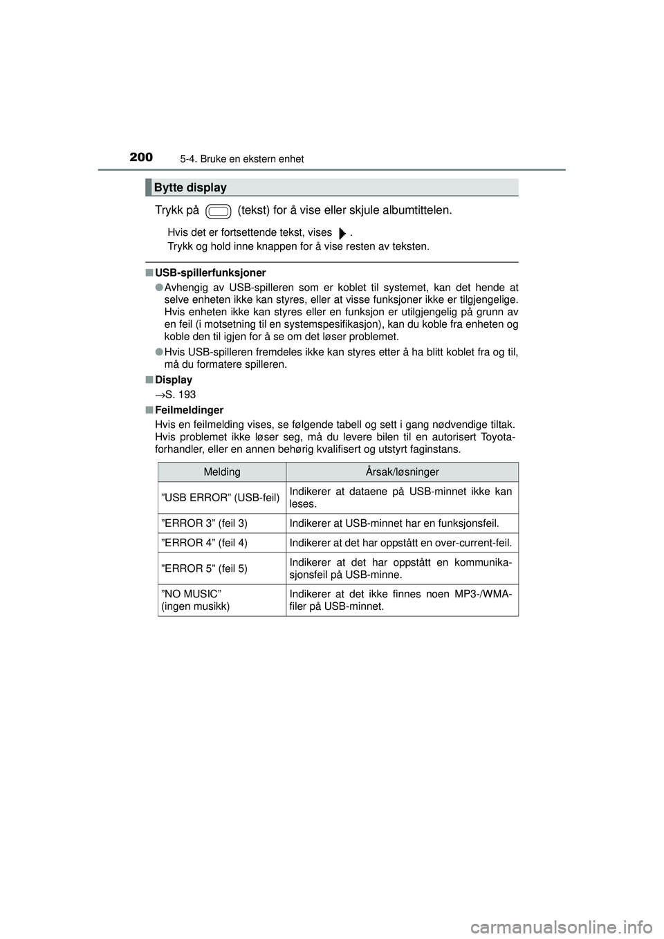 TOYOTA AYGO 2015 Instruksjoner for bruk (in Norwegian) 2005-4. Bruke en ekstern enhet
OM99J92NO
Trykk på (tekst) for å vise eller skjule albumtittelen.
Hvis det er fortsettende tekst, vises .
Trykk og hold inne knappen for å vise resten av teksten.
TOYOTA AYGO 2015 Instruksjoner for bruk (in Norwegian) 2005-4. Bruke en ekstern enhet
OM99J92NO
Trykk på (tekst) for å vise eller skjule albumtittelen.
Hvis det er fortsettende tekst, vises .
Trykk og hold inne knappen for å vise resten av teksten.